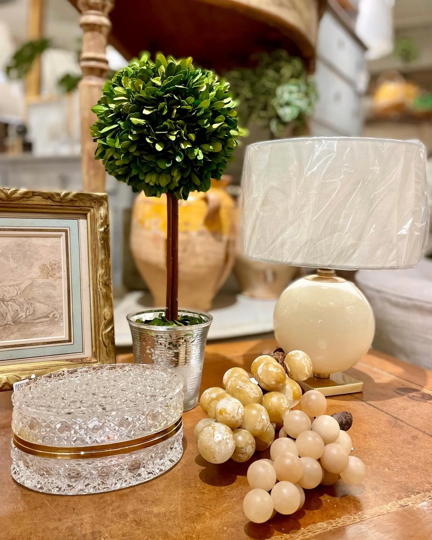Curated Curiosities&mdash;Marble Grapes, Antique Art, Confit Pots, Crystal Boxes, Preserved Plants, and Cordless Lamps. These and so many more choices in the shoppe! Stop by for a visit! Discover our exciting collection of one-of-a-kind, hand-selecte