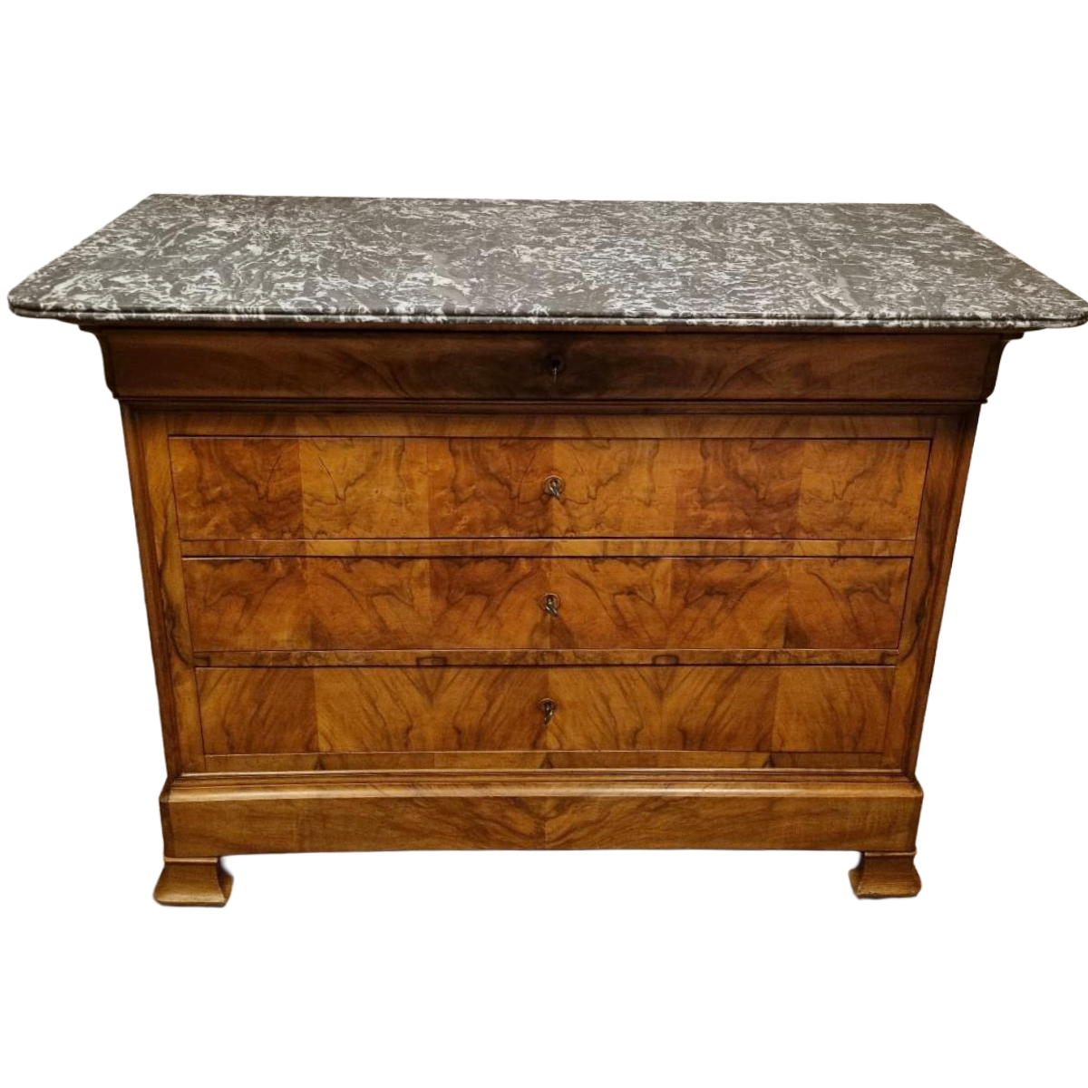Antique Louis Philippe Burled Walnut Chest With Grey St. Anne Marble Top