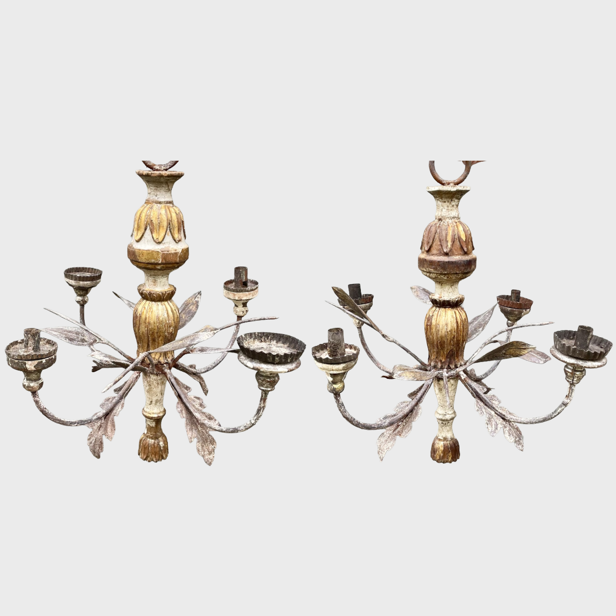 Antique 18th-Century Italian Petite Hand carved Gilt Wood &amp; Forged Iron Chandelier | 4-arm | Pair