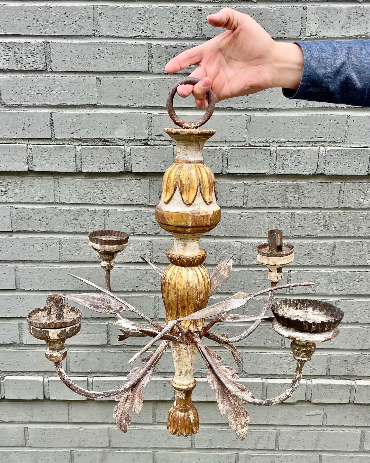 In the Shoppe&mdash;the most fabulous pair of Antique 18th-Century Italian Petite Hand Carved Gilt Wood and Forged Iron Chandeliers! Dimensions are 23Dia x 24H. Can be wired or use as-is with true candle light! Discover our extensive collection of on