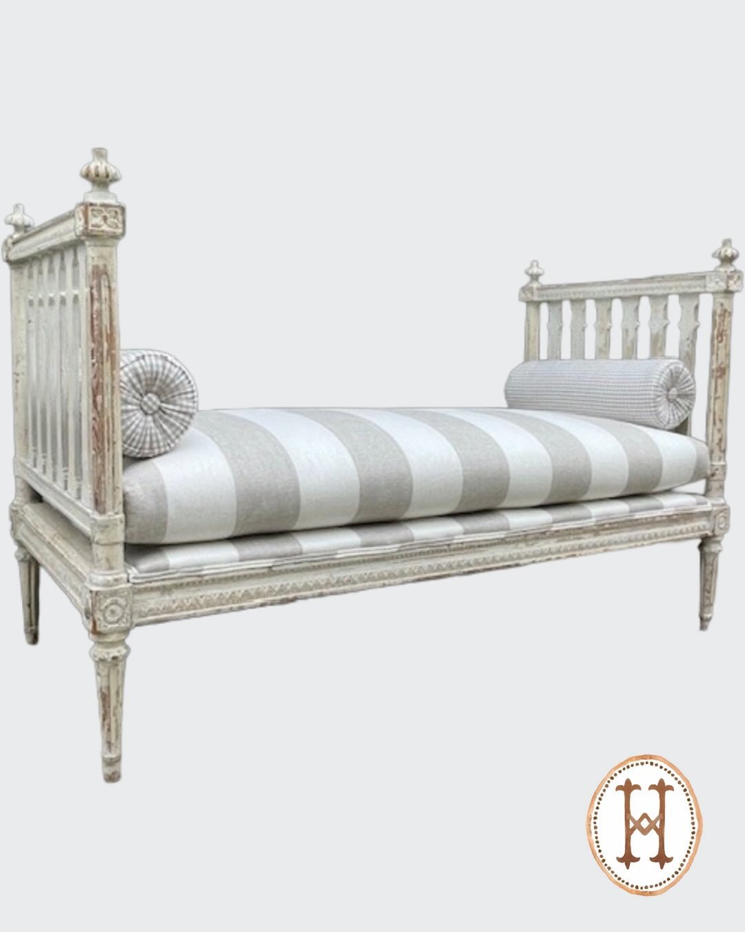 Just in from the workroom&mdash;Antique Swedish Bench in Original Finish. Newly covered in a beautiful Thibaut linen. Swedish, c.1860. Dimensions are 59W x 27.5D x 37.5H | 15.75SH. Discover our extensive collection of one-of-a-kind, hand-selected Eur