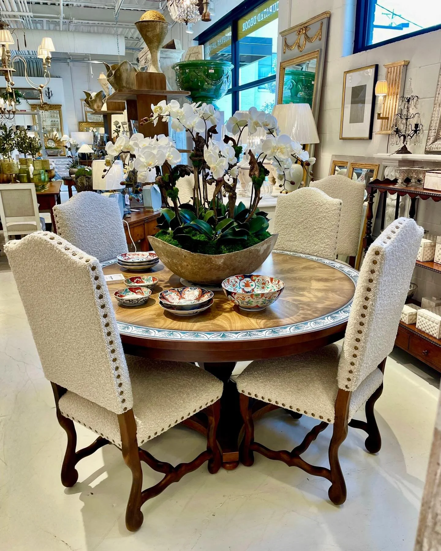 Just in from the workroom&mdash;A Set of 6 Antique Walnut Os De Mouton Dining Chairs. Newly upholstered in a beautiful Kravet Boucle fabric. French, c.1890. Dimensions are 19.6W x 19.6D x 44.5H | 19SH. Discover our extensive collection of one-of-a-ki