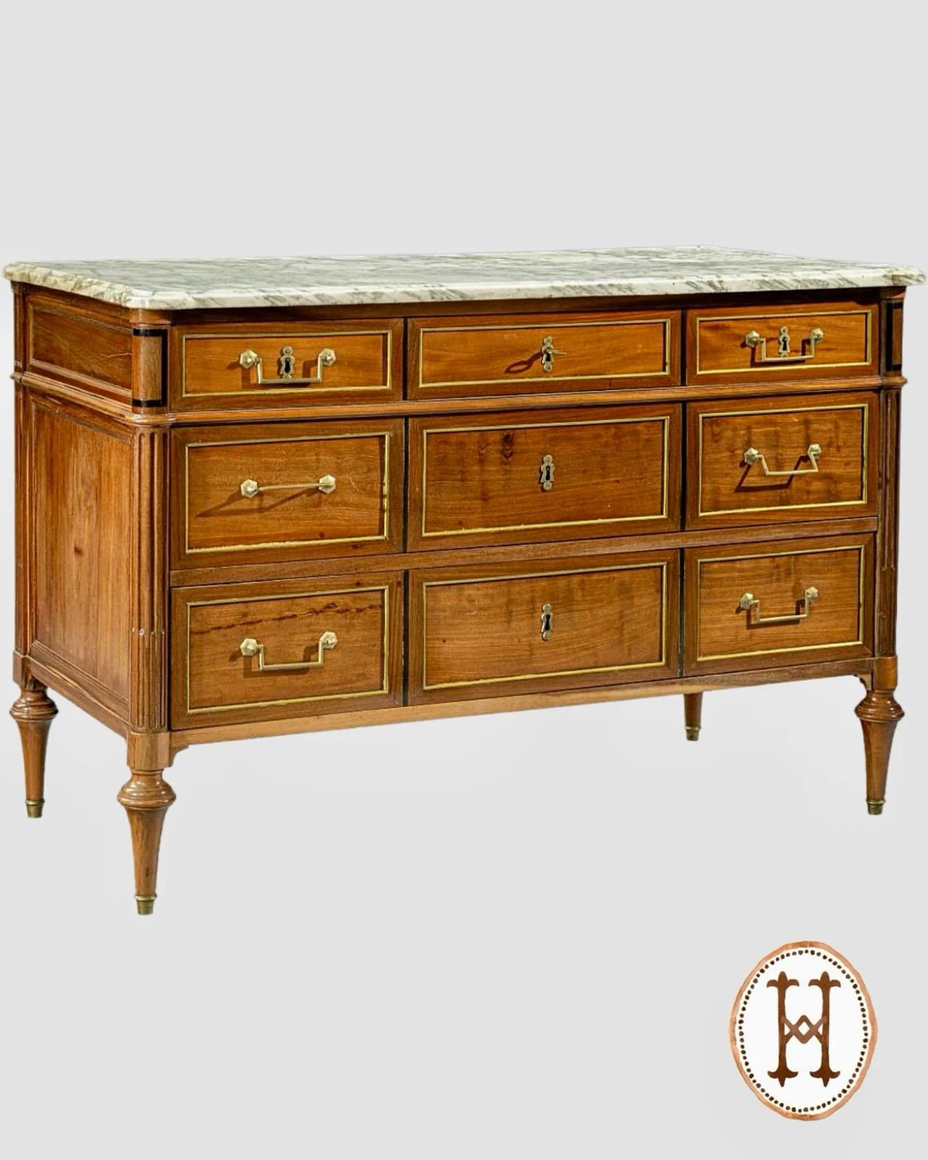 For the Love of Louis! Antique Louis XVI-Style Mahogany Chest with Ebony Inlay and White Carrara Marble Top. French, c.1860. Dimensions are 51.5W x 24.8D x 34.25H. Discover our extensive collection of one-of-a-kind, hand-selected European Antiques an