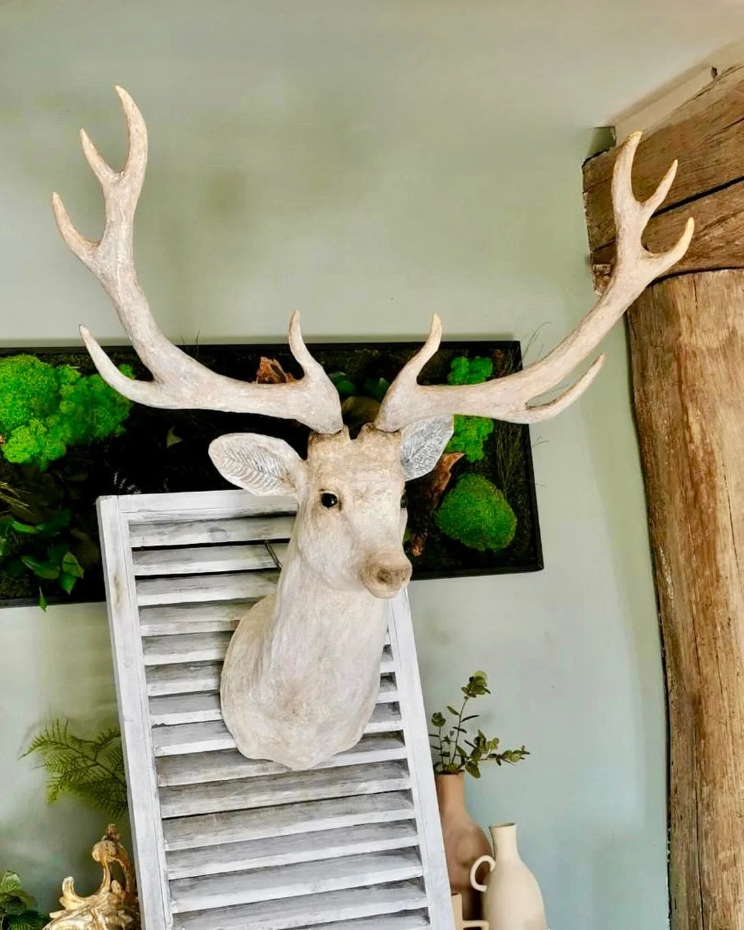 Arriving soon&mdash;Handmade Papier Mache Sculpture | Deer Head Trophy Mount. Dimensions are 26.3W x 13D x 31.5H. Discover our exciting collection of one-of-a-kind, hand-selected Curated Decor and Original Art. For more information:
&bull;Call: 704-4