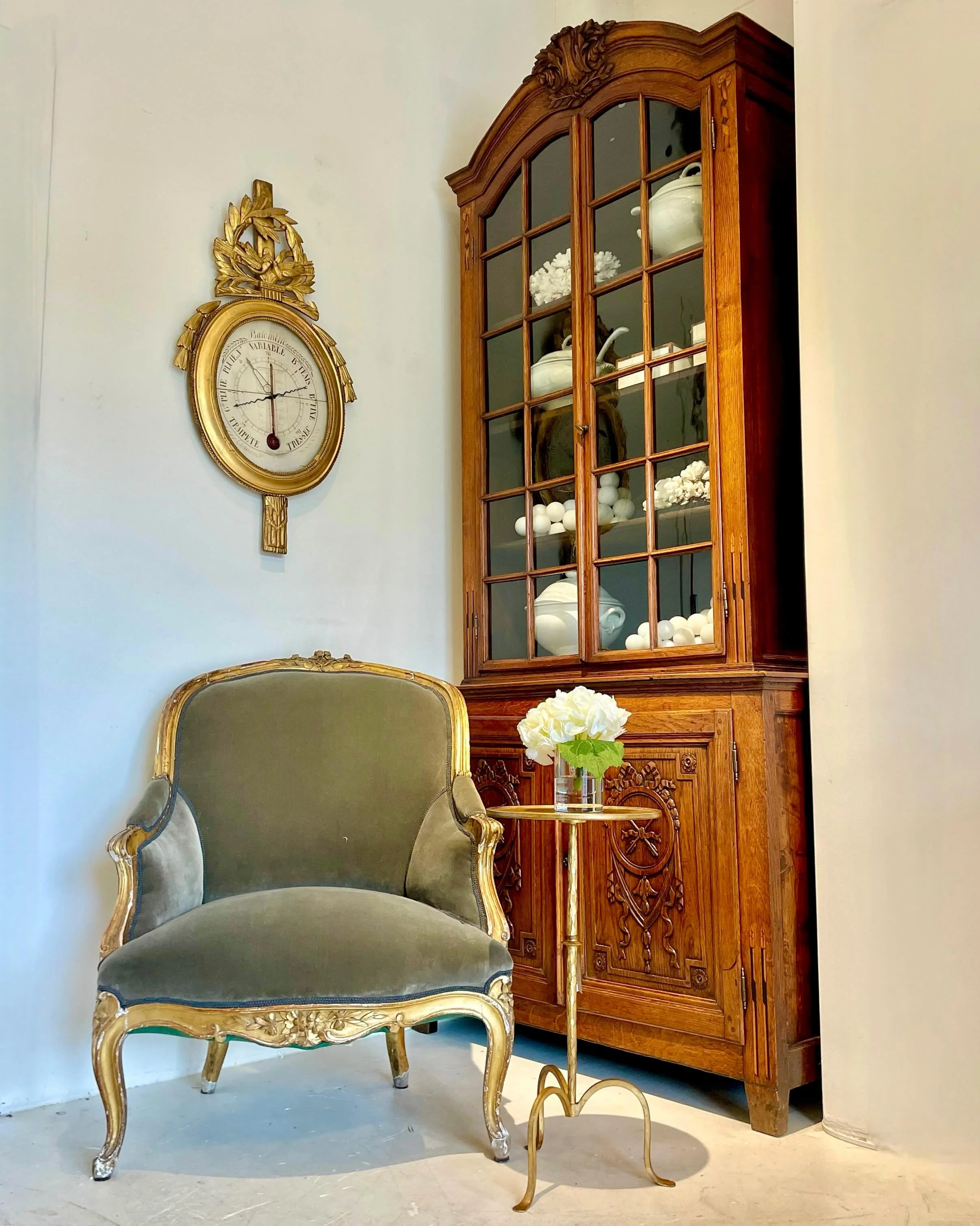 Antique Belgian Carved Oak Vitrine with Ebony Wood Inlay. Belgian, c.1850. Dimensions are 44W x 22D x 97H. Discover our extensive collection of one-of-a-kind, hand-selected European Antiques and Curated Decor. Find more details and pics on our websit