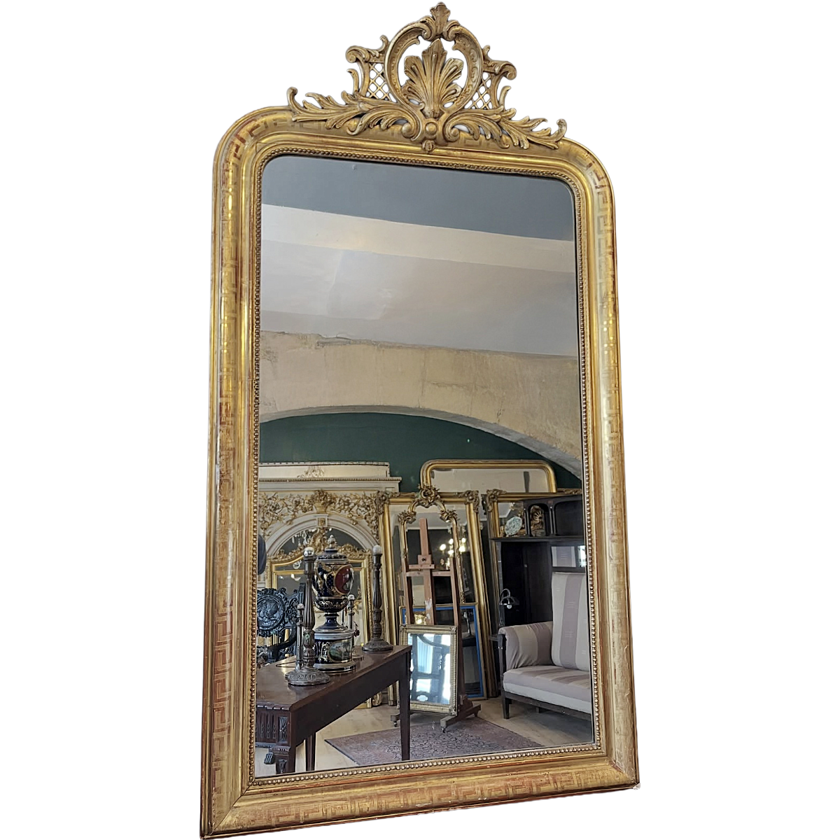 Antique Gold Gilt Louis Philippe Mirror with Greek Key Detail and Carved Wood Fronton