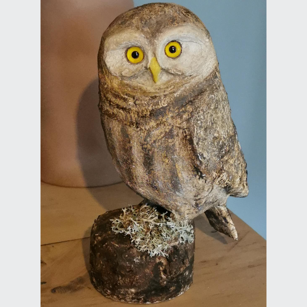 Hand Made Papier Mâché Sculpture | Owl II on Round Base With Moss