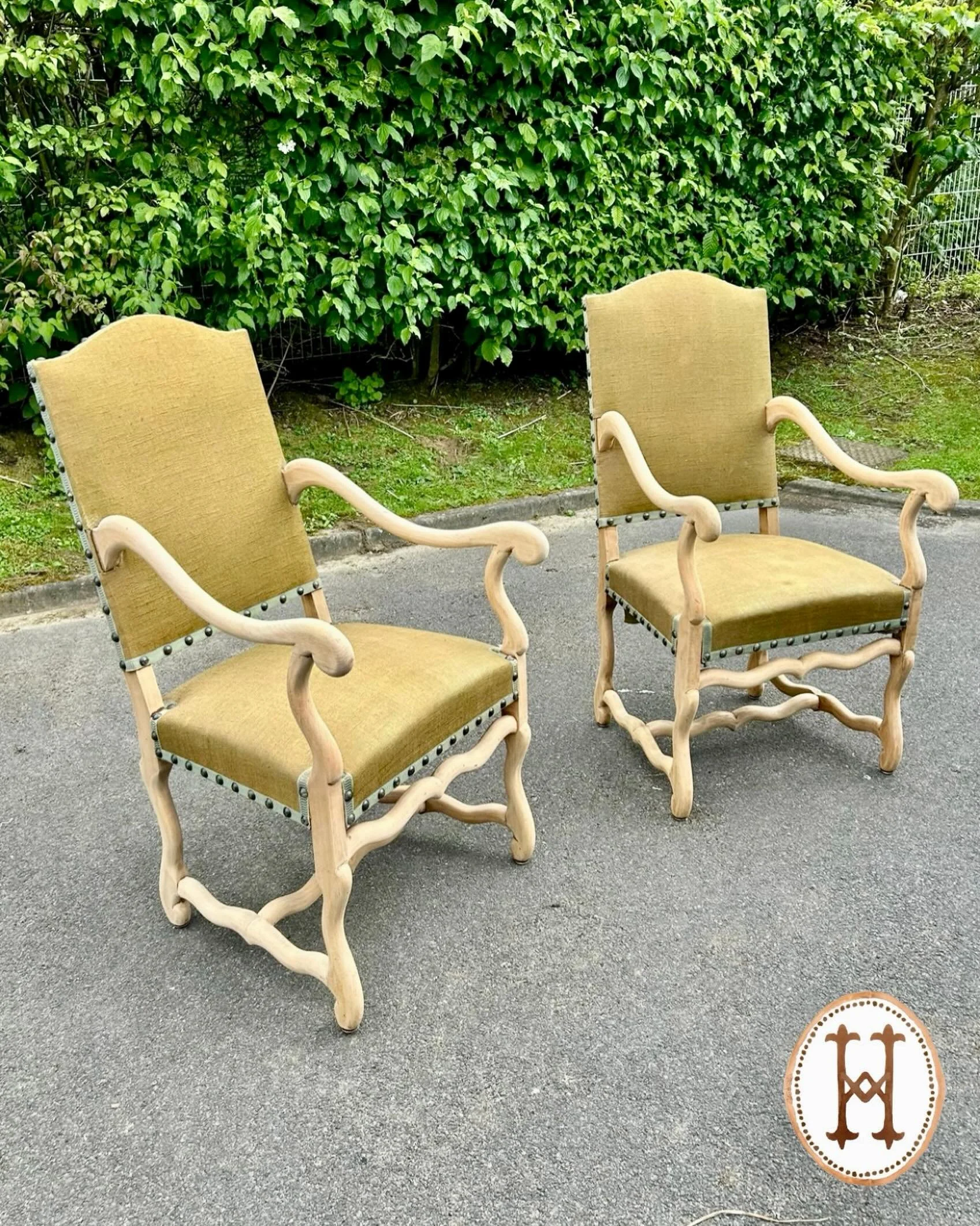 Arriving soon&mdash;a beautiful pair of Antique Louis XIII-Style Natural Wood Os De Mouton Throne Chairs. French, c.1880. Dimensions: 25.1W x 26.7D x 44H. Discover our extensive collection of one-of-a-kind, hand-selected European Antiques and Curated
