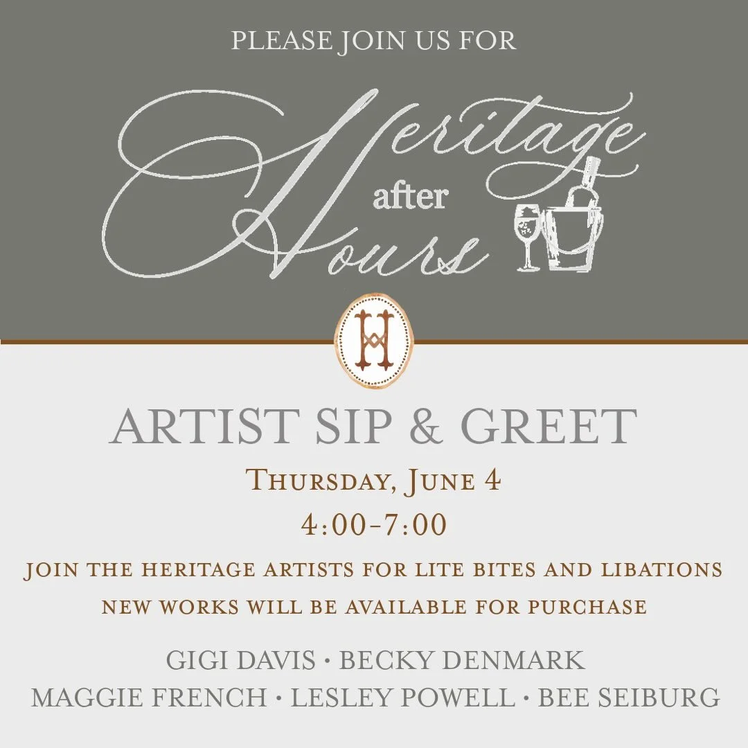 Make plans to join us for light bites and libations on THURSDAY, JUNE 4! Discover our exciting collection of one-of-a-kind, hand-selected Curated Decor and Original Art. For more information:
&bull;Call: 704-496-9612
&bull;Email: sales@heritagemarkde
