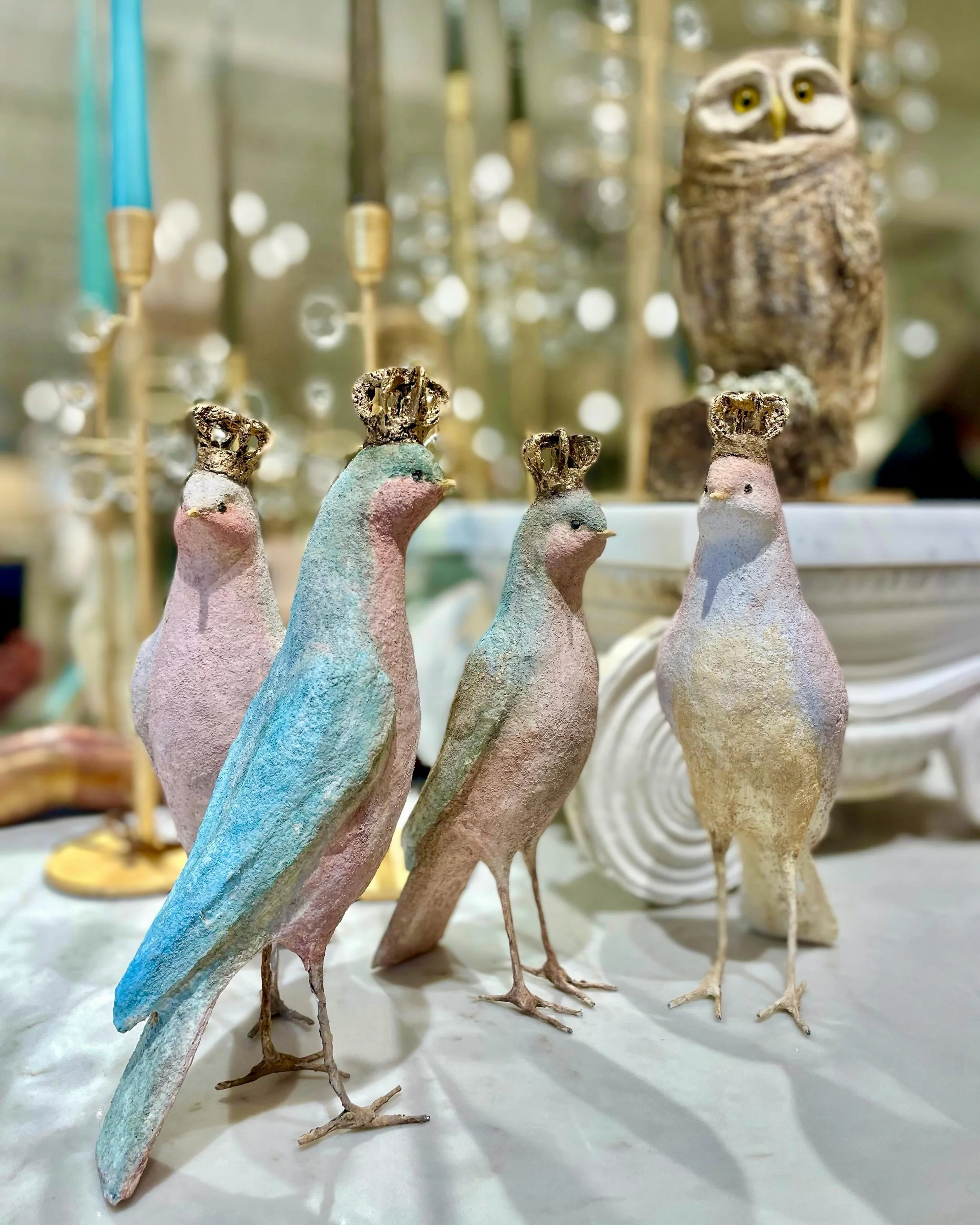 Also in from France&hellip;a new flock of Hand Made Papier Mache Crowned Birds. 9&rdquo;H. Discover our exciting collection of one-of-a-kind, hand-selected Curated Decor and Original Art. For more information:
&bull;Call: 704-496-9612
&bull;Email: sa