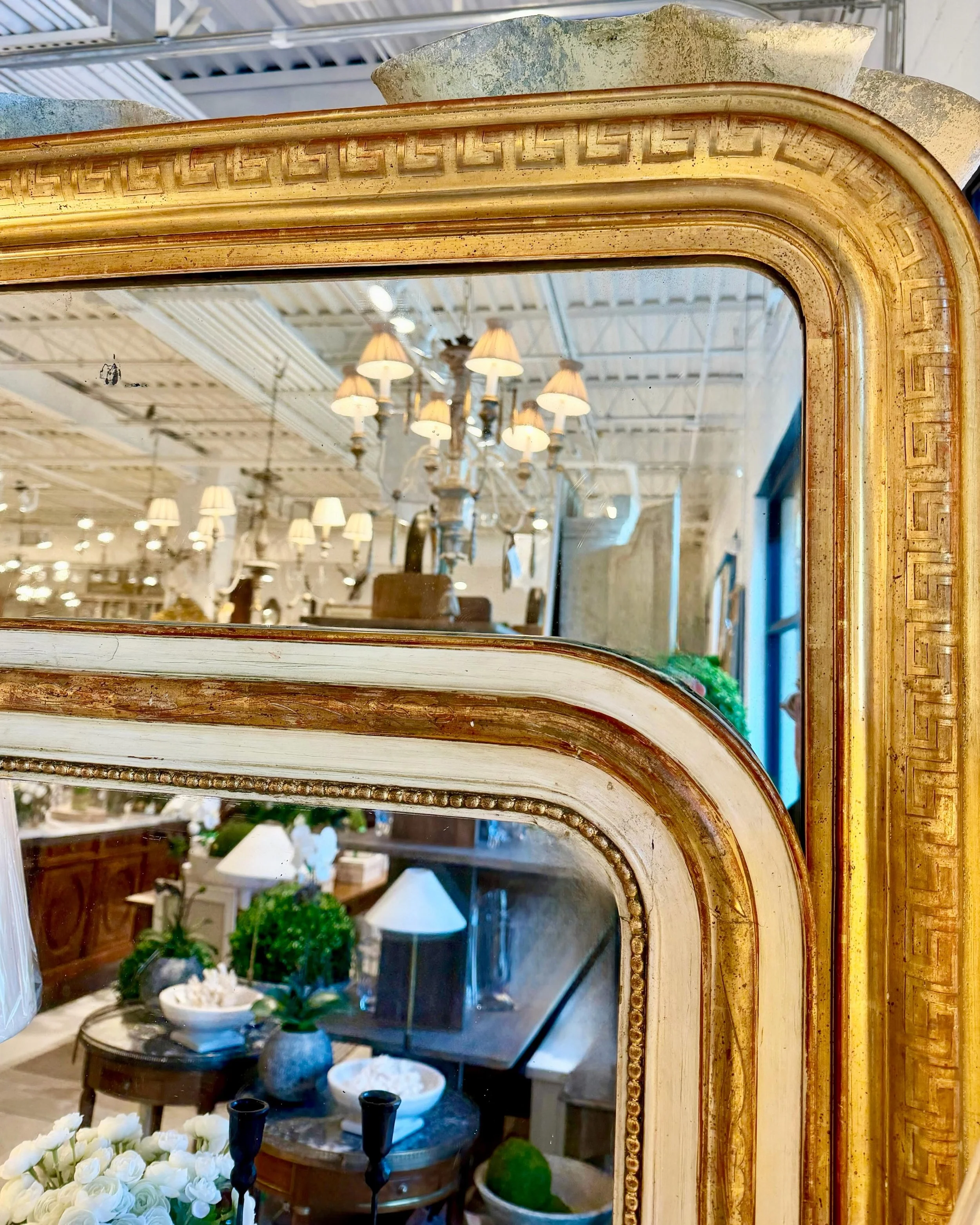 We have a great selection of Antique Louis Philippe mirrors in the shoppe. Discover our extensive collection of one-of-a-kind, hand-selected European Antiques and Curated Decor. Find more details and pics on our website at www.heritagemarkdesign.com.