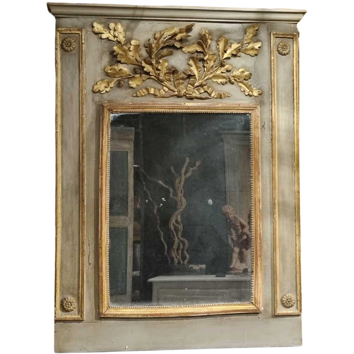 Antique Louis XVI Period Grey and Gilt Wood Trumeau Mirror