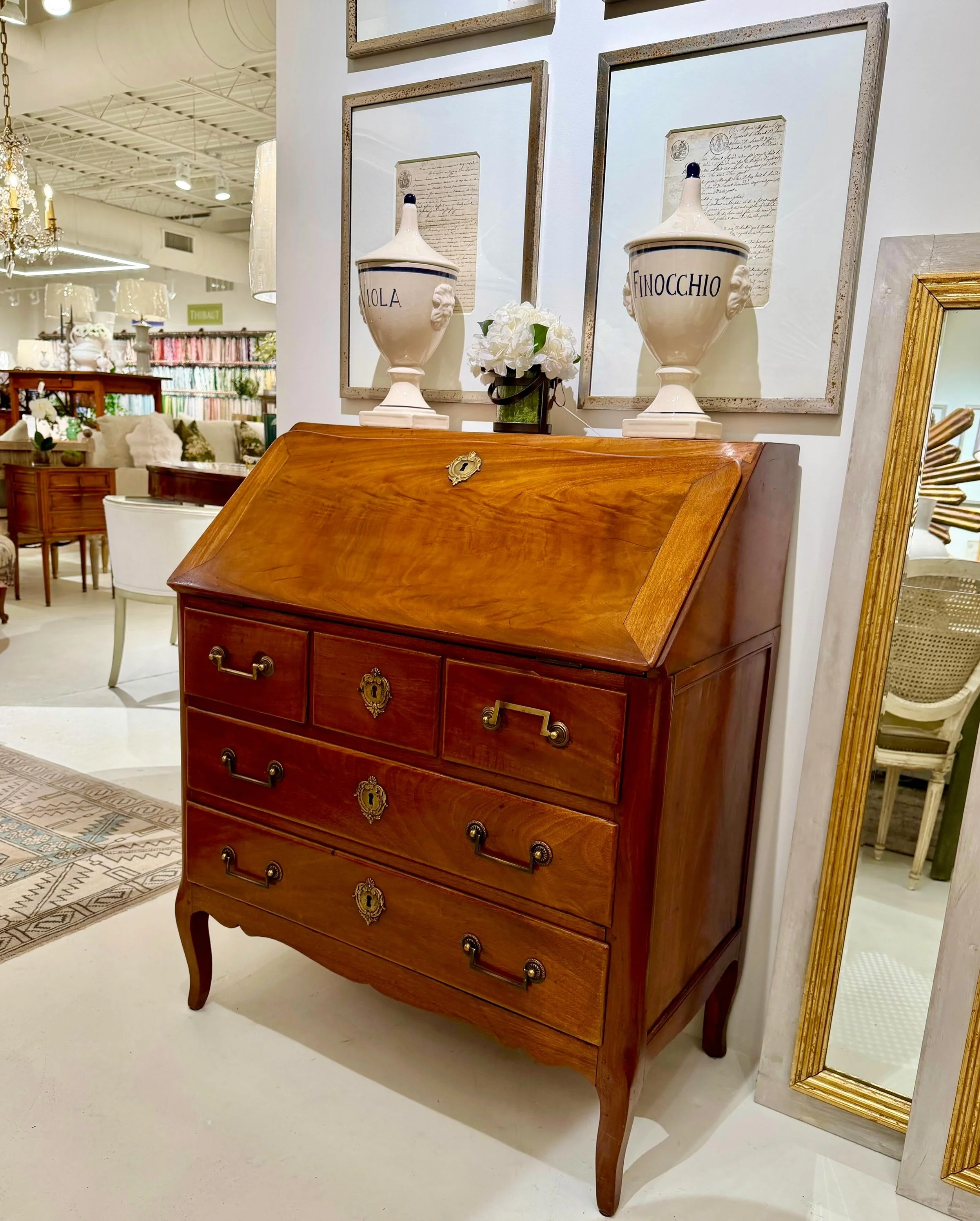 Antique Louis XV-Style Mahogany Ladies Secretary. French, c.1860. Dimensions are 32.3W x 31D (open) x 39H. Discover our extensive collection of one-of-a-kind, hand-selected European Antiques and Curated Decor. Find more details and pics on our websit