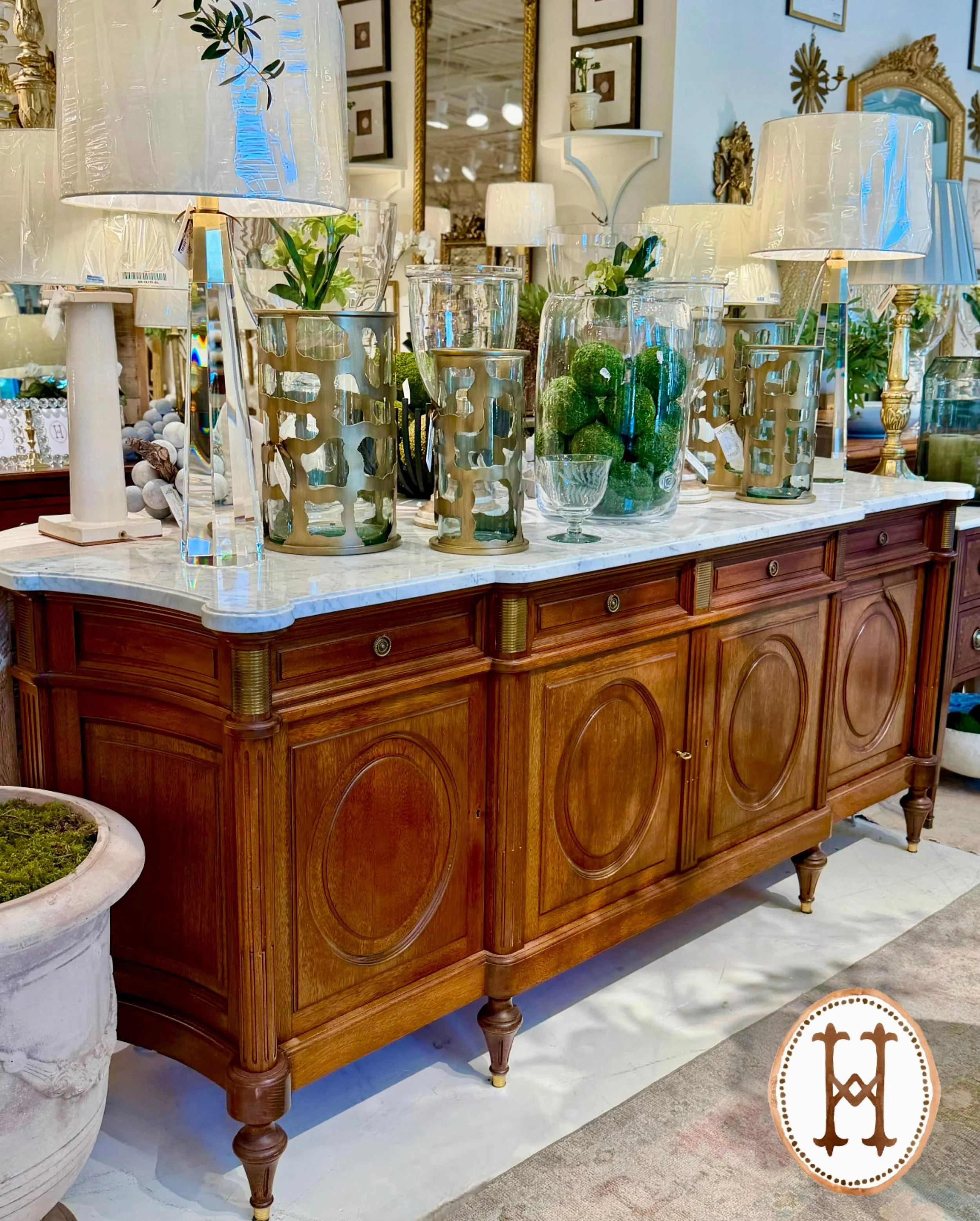 One of the prettiest Louis XVI-Style Carrara Marble Top Mahogany Enfilades! French, c.1950. Dimensions are 95.3W x 22D x 40H. Discover our extensive collection of one-of-a-kind, hand-selected European Antiques and Curated Decor. Find more details and