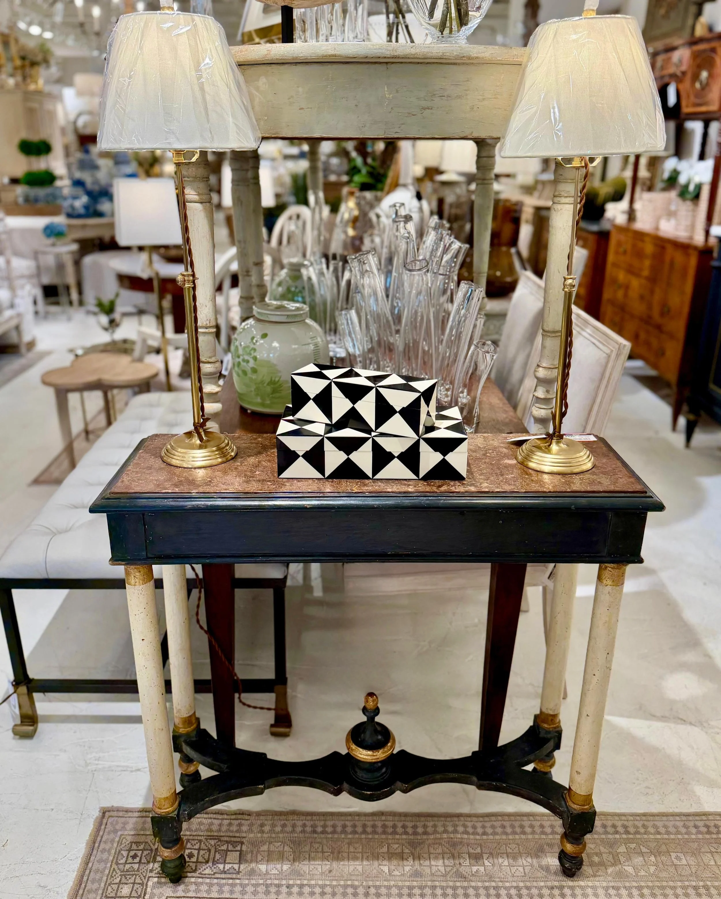 A stunning new arrival&mdash;Antique Empire Period Lacquered Console. Italian (Lucca), c.1810. Dimensions are 34.5W x 11.25D x 33.75H. Discover our extensive collection of one-of-a-kind, hand-selected European Antiques and Curated Decor. Find more de
