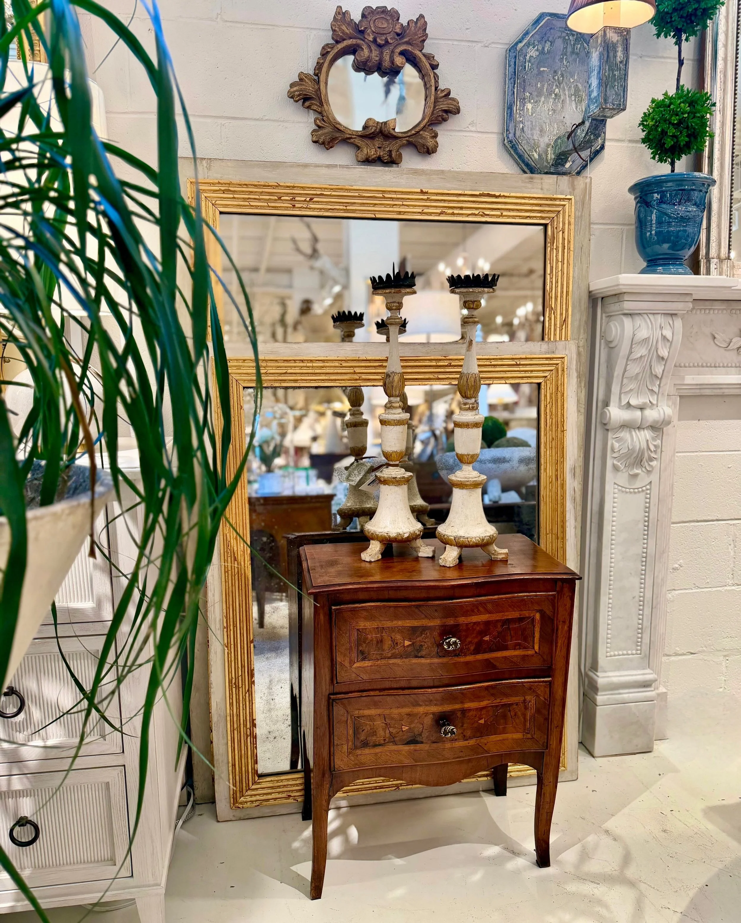 Stacks and stacks of antique mirrors now available in the shoppe! We just received the best selection of Louis Philippe mirrors (and pairs), reeded mirrors (and pairs), and trumeaus in our last container. Stop in soon for the best selection. Discover