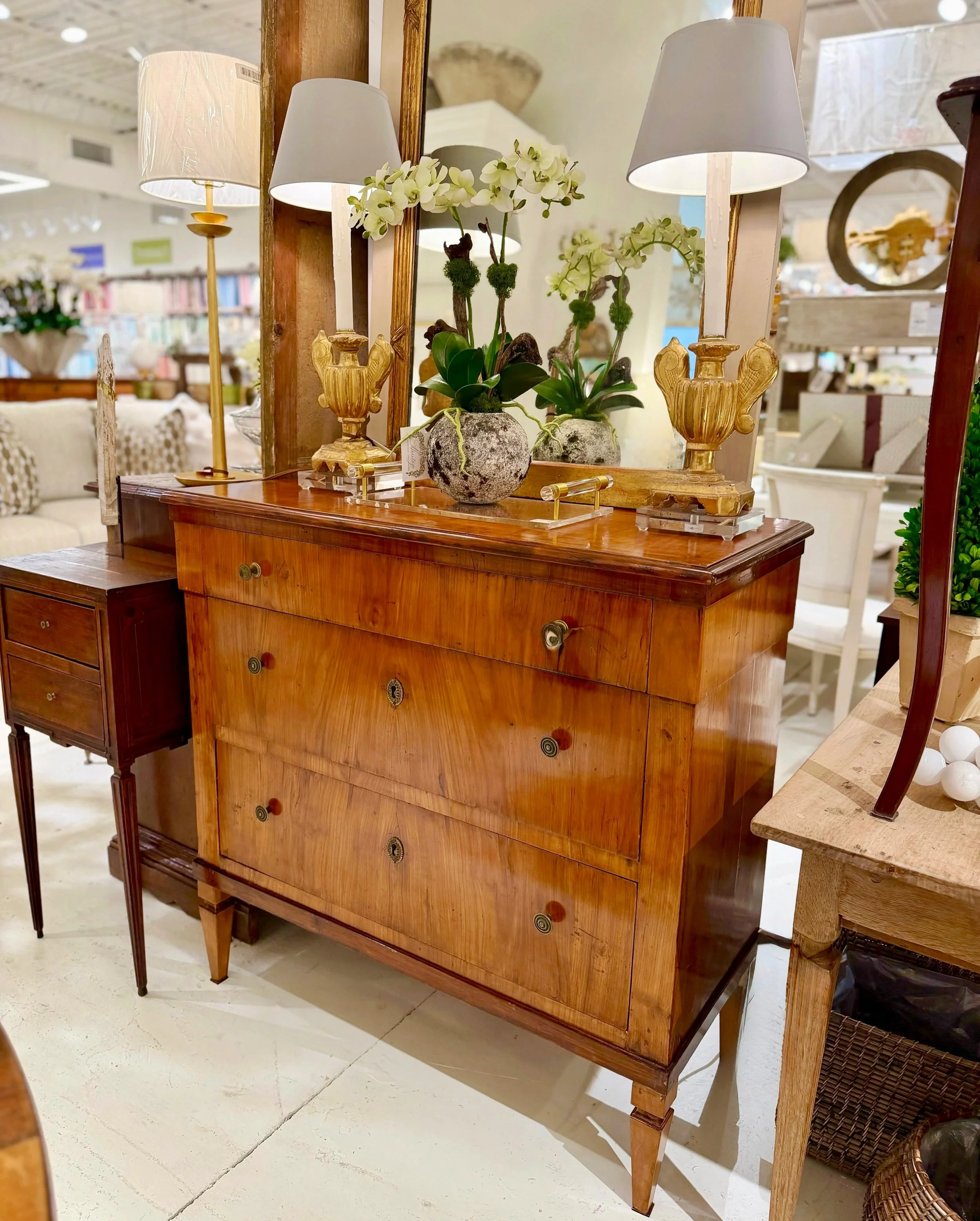 A fabulous chest with great dimensions for narrow spots! Antique Louis XVI Period Tuscan Cherry Chest. Italian, c.1795 (Tuscany). Dimensions are 38.5W x 16.7D x 37.5H. Discover our extensive collection of one-of-a-kind, hand-selected European Antique