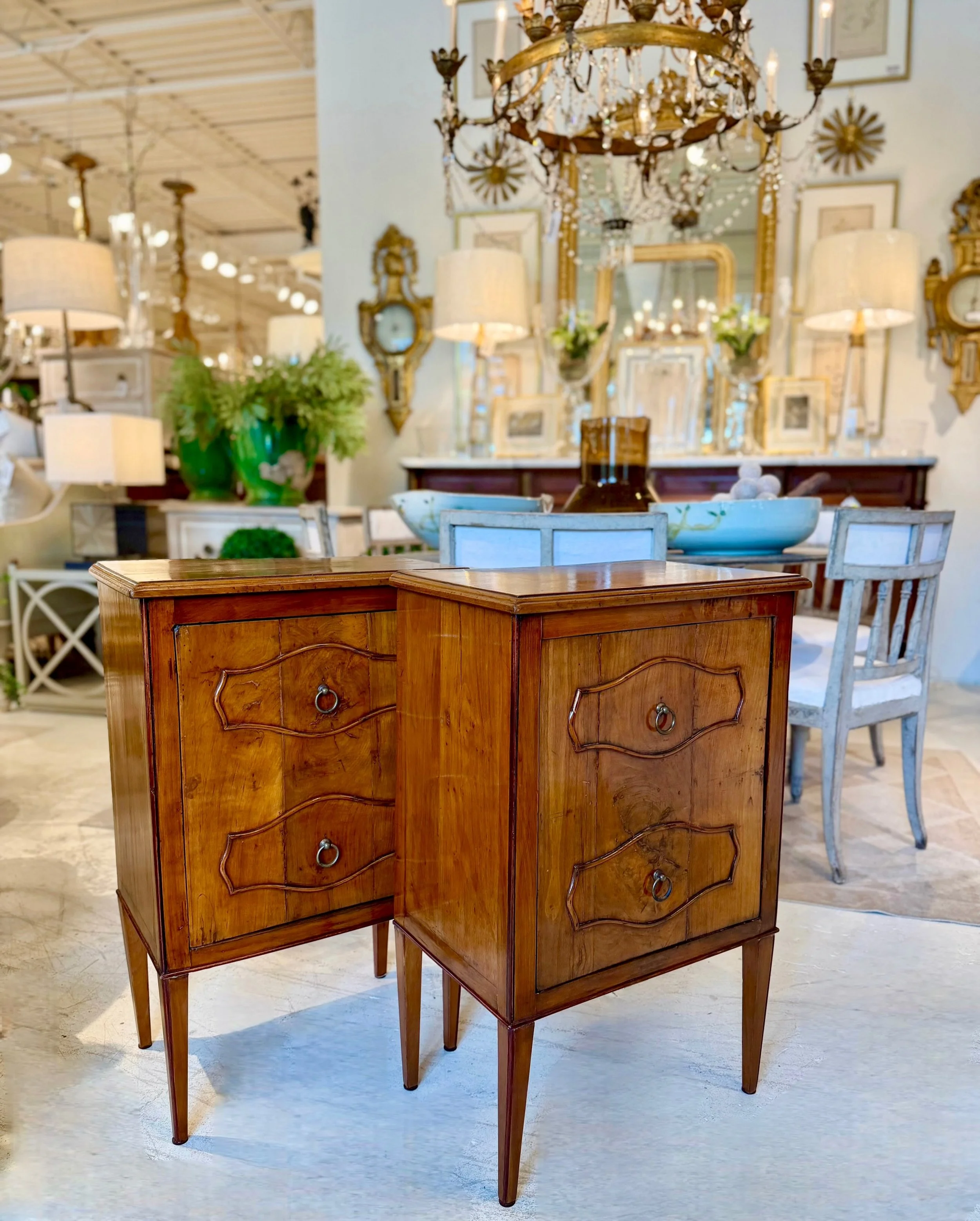 Side Table Sunday. Just in&mdash;a couple more pairs of beautiful pairs of bedside tables just unwrapped from our last container (swipe). Currently available. Discover our extensive collection of one-of-a-kind, hand-selected European Antiques and Cur