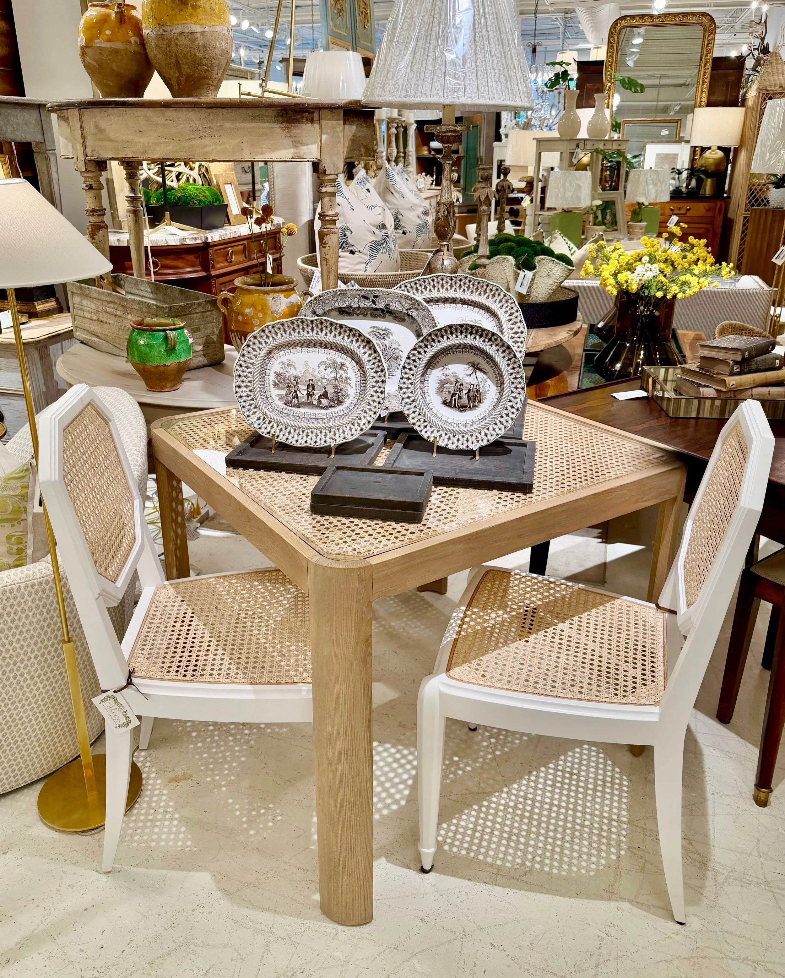 It&rsquo;s all fun and games! A beautiful cane top game table back in stock. Discover our exciting collection of hand-selected accent furniture. Find more details and pics on our website at www.heritagemarkdesign.com. Shipping available. #heritageclt