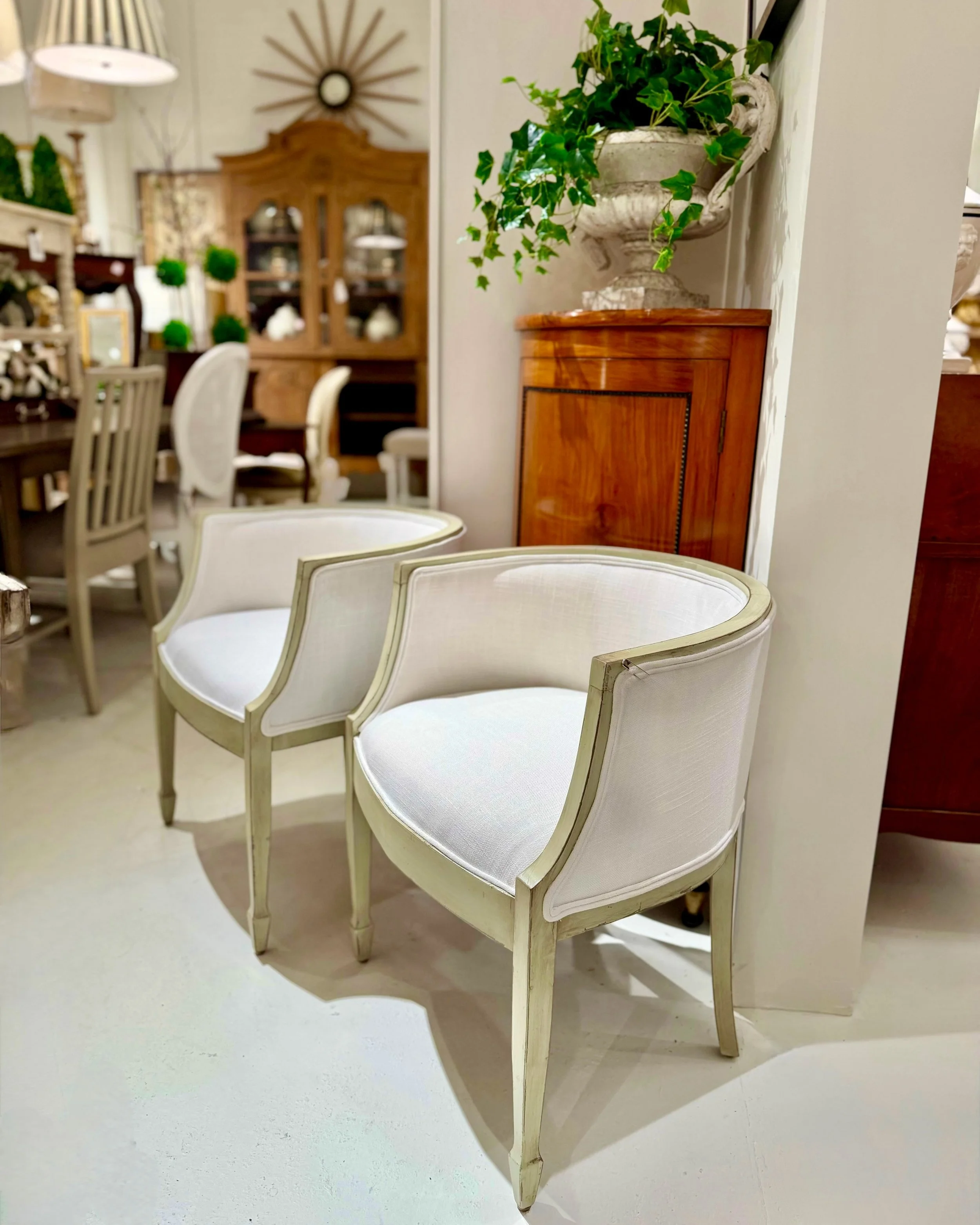 Game table ready! A set of 4 Antique Gustavian-Style Barrel Back Chairs. Newly upholstered. Discover our extensive collection of one-of-a-kind, hand-selected European Antiques and Curated Decor. Find more details and pics on our website at www.herita