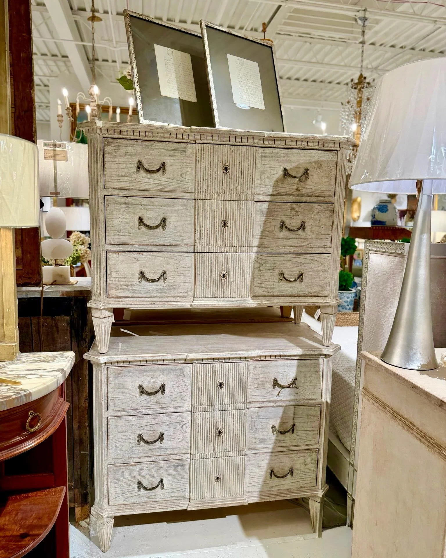 Back in stock. 
Intricate Italian Crafted. 
Unmistakable Swedish Details.
A pair of matching chests. Dimensions are 46.5W x 21.6D x 36.6H. Discover our extensive collection of one-of-a-kind, hand-selected European Antiques and Curated Decor. Find mor