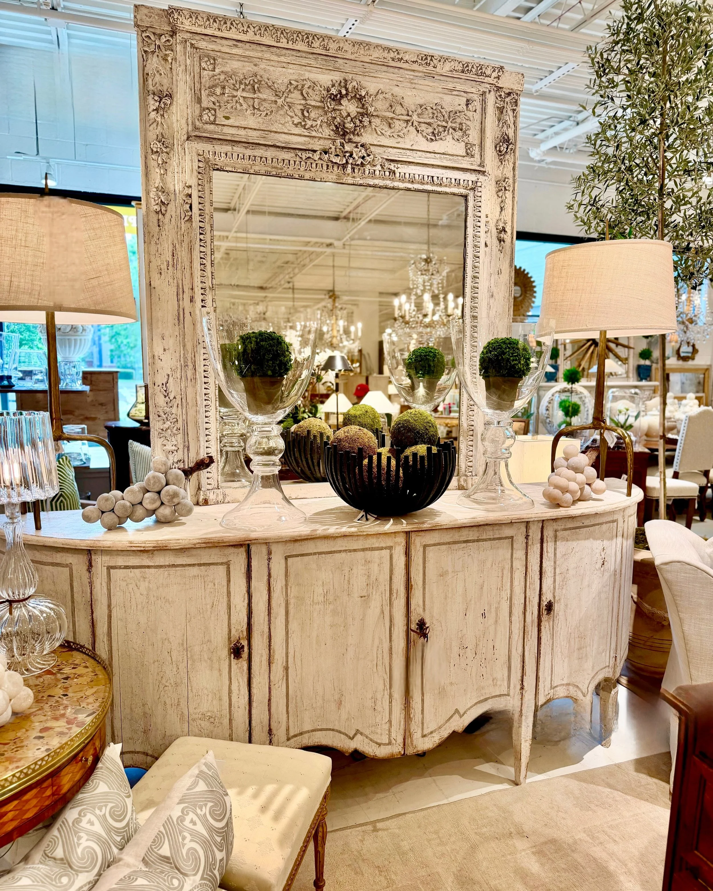 Two special pieces for a special client&rsquo;s beautiful new home. This antique French trumeau and handcrafted Italian sideboard will stand at attention in the new Family Room! Perfectly united. Harmoniously balanced. Discover our extensive collecti