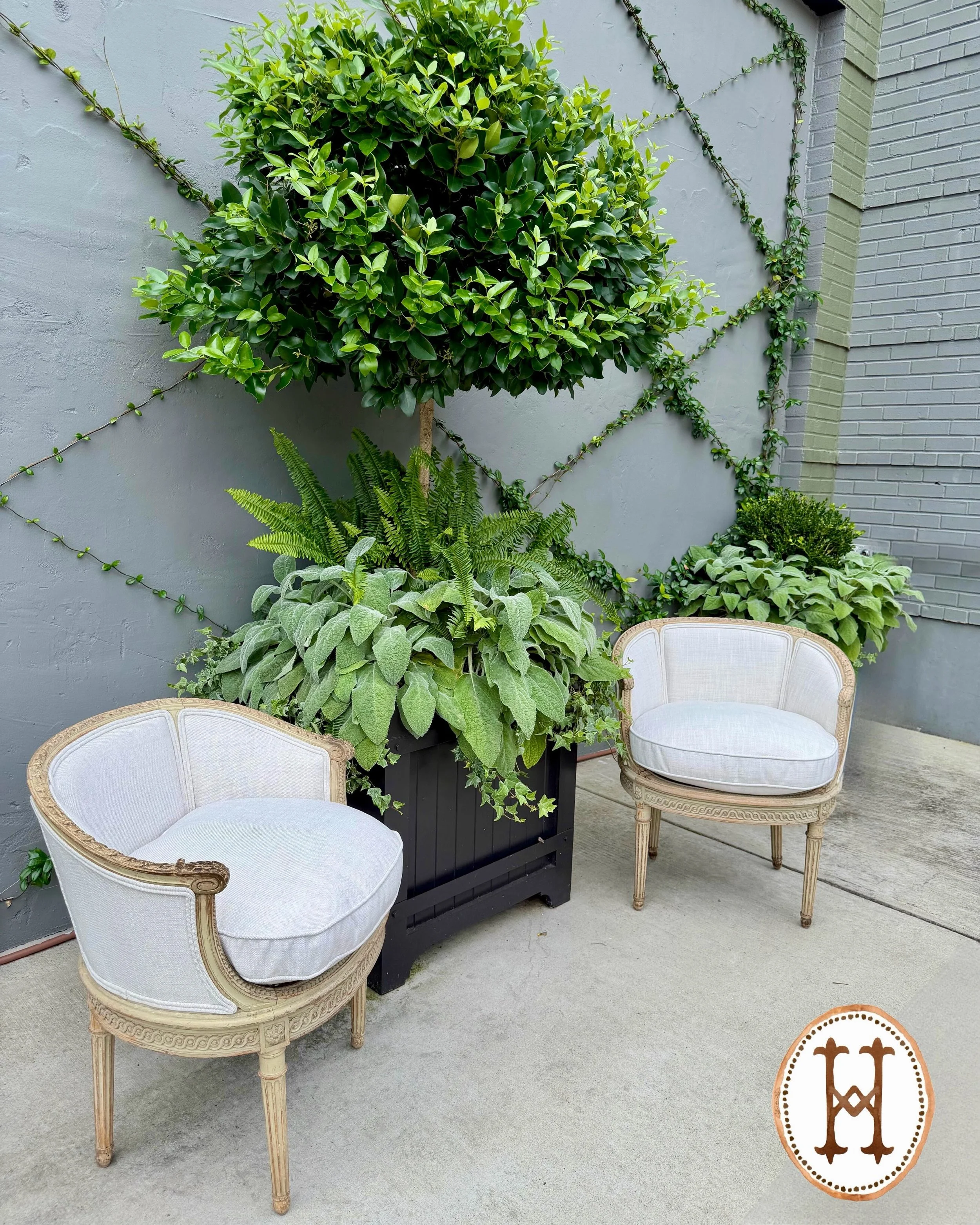 Seeing Double&mdash;Two Antique Pairs of Hand Carved Louis XVI-Style Bergeres in their Original Patina. Newly upholstered in a cream performance linen fabric. French, c.1880. Dimensions of the smaller pair are 25W x 25D x 29H | 21SH. Dimensions of th