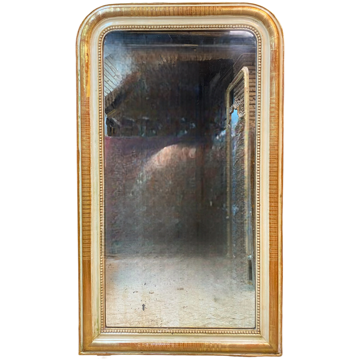Antique Gold Gilt &amp; Cream Louis Philippe Mirror with Beaded Border