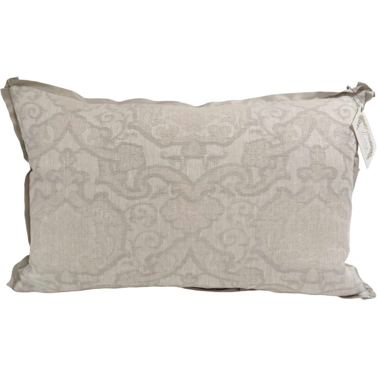 Custom Cowtan &amp; Tout Pillow with Silk Flange | Neutral &amp; Lt. Blue Linen Damask