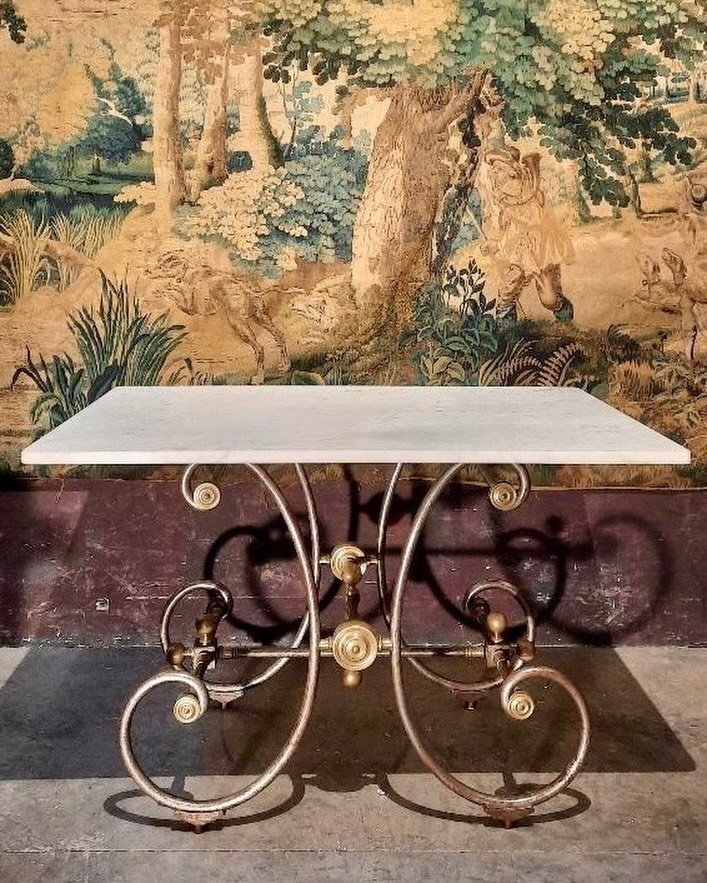 Antique Iron and Brass Patisserie Table with Carrara Marble Top. French, c.1880. Dimensions are 47.2W x 31.5D x 30.7H. Coming soon! Discover our extensive collection of one-of-a-kind, hand-selected European Antiques and Curated Decor. Find more detai