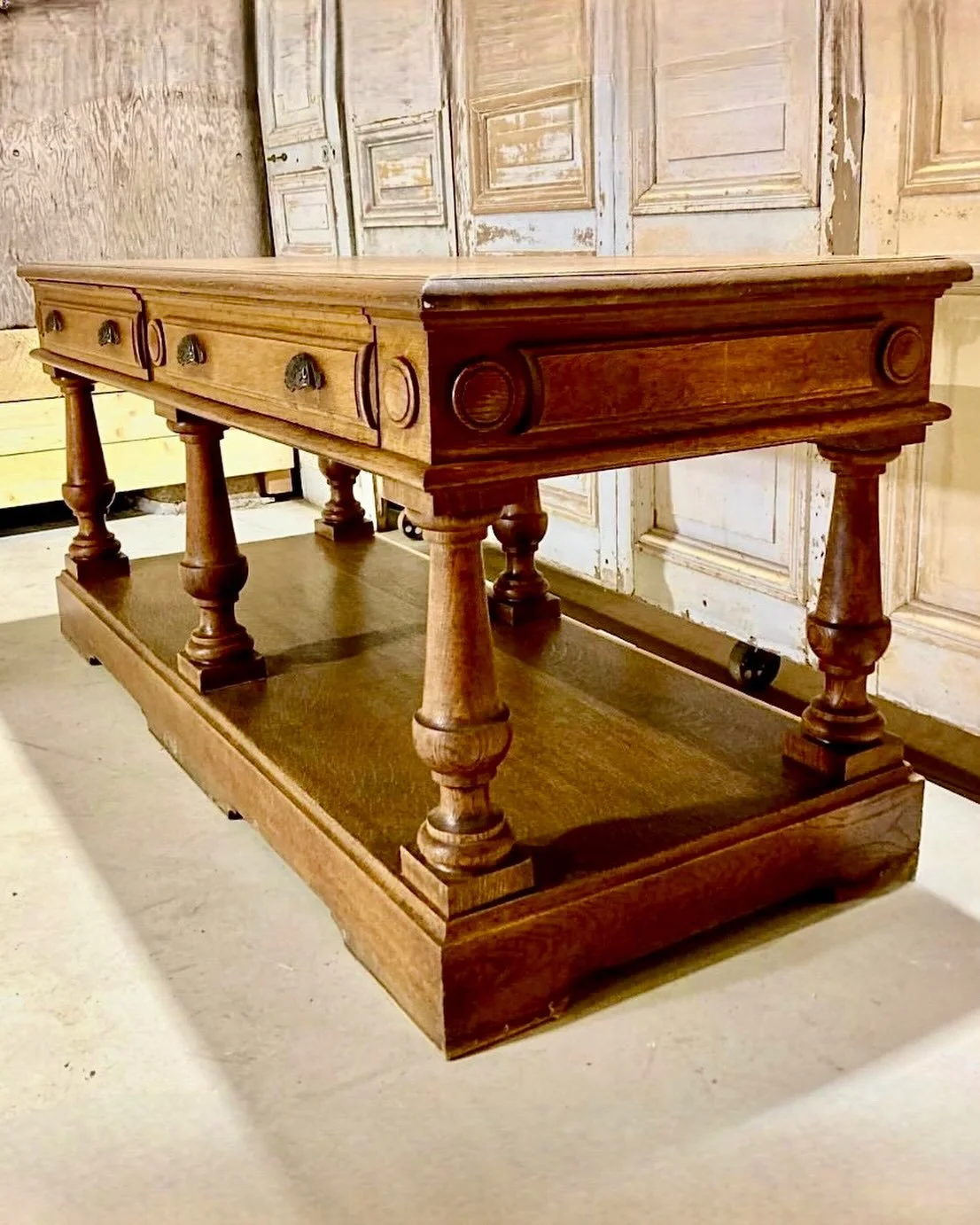 Antique Oak Draper&rsquo;s Table. Perfect for a kitchen island or console. French, c.1850. Dimensions are 69W x 31.5D x 29H. Discover our extensive collection of one-of-a-kind, hand-selected European Antiques and Curated Decor. Find more details and 