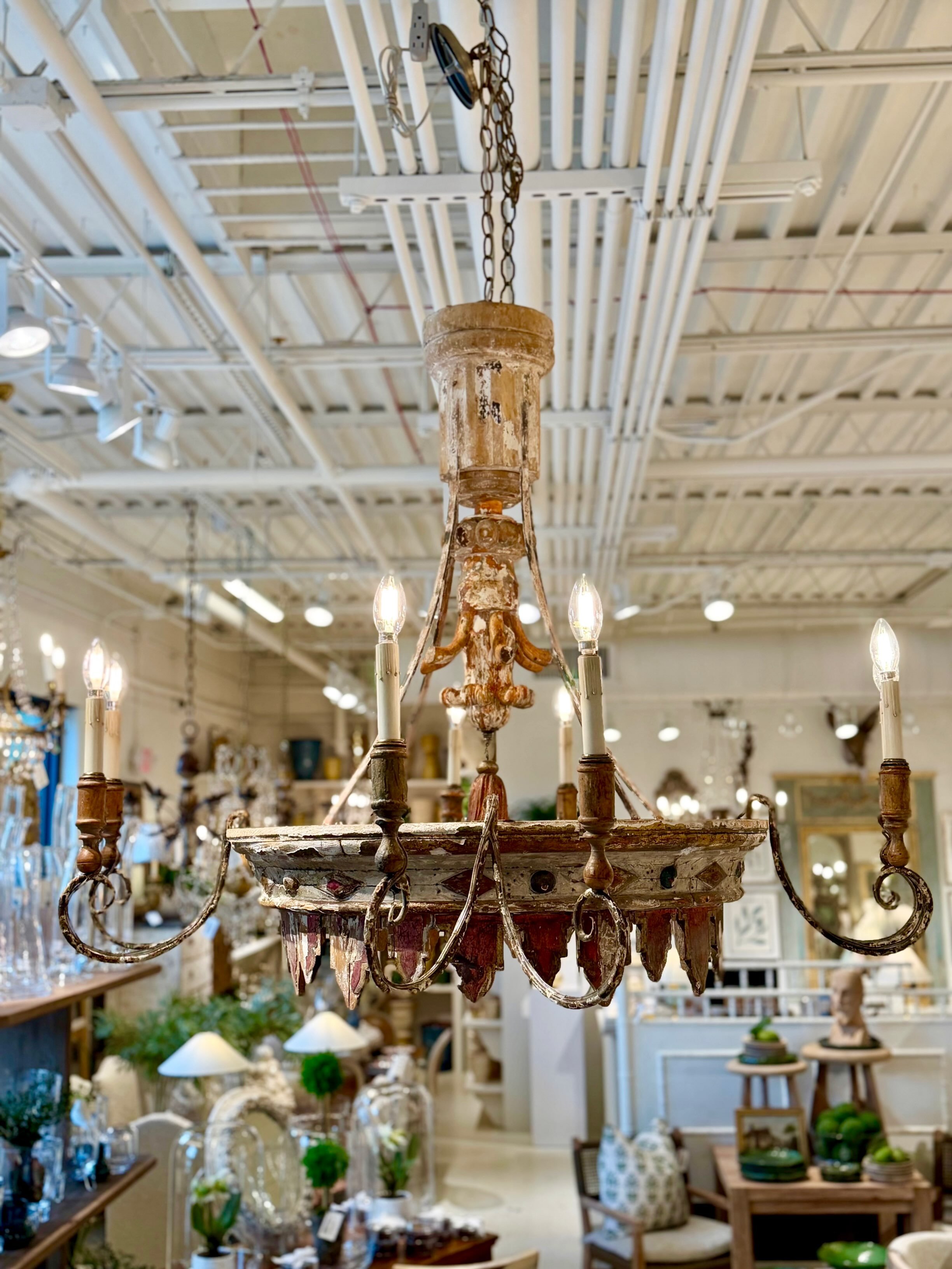 Just back from the workroom&mdash;a showstopper! Antique 18th Century Hand Carved Fragment Chandelier in Original Finish. 4 arms/8 lights. Italian, c.1730 (Florence). Dimensions are 48D x 38H. Wired and ready to hang in its new home! Discover our ext