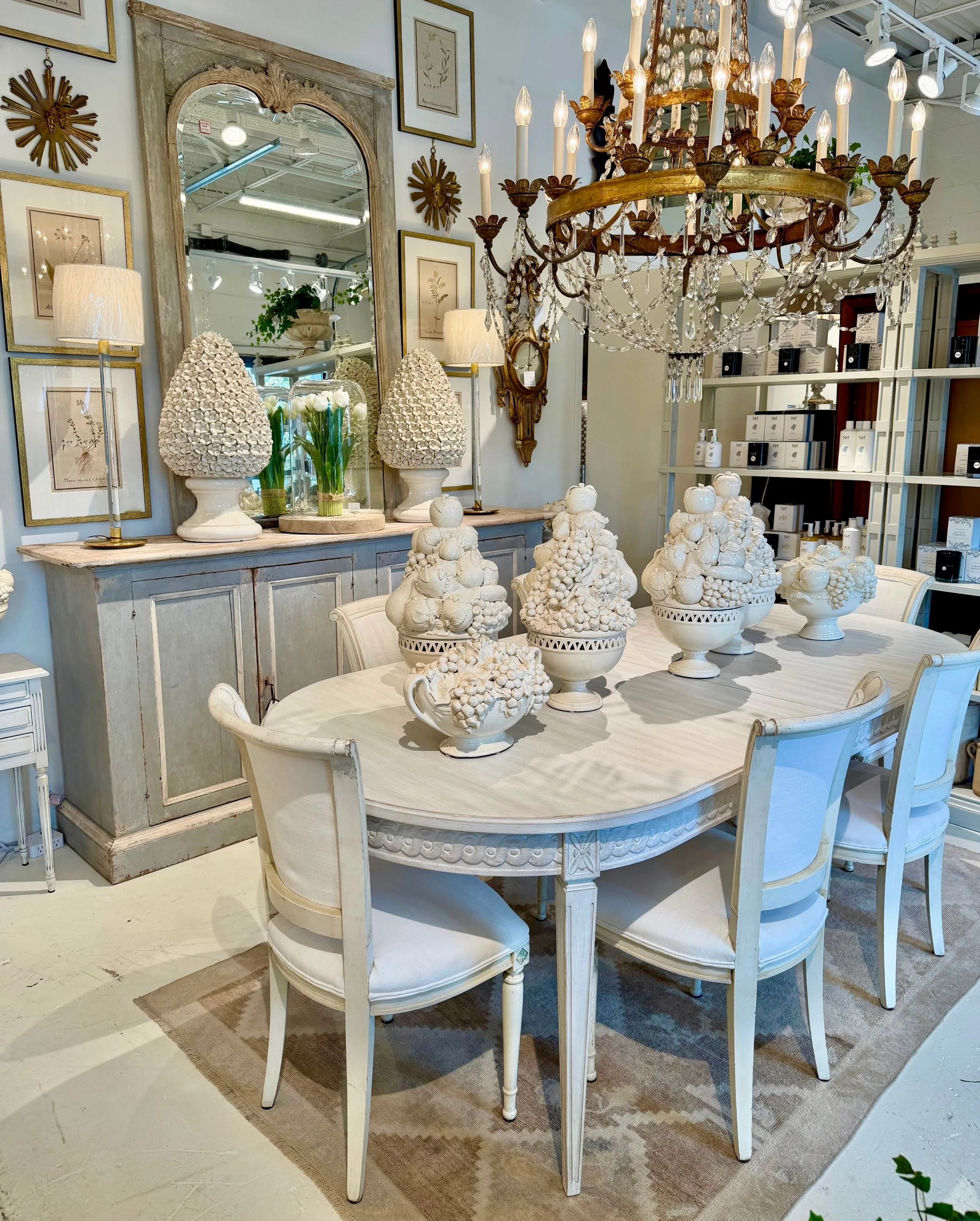 Just in&mdash;Swedish-Style Dining Table in a highly Distressed Swedish Rubbed Bone Finish. Dimensions are 86W x 42D x 30H | Two 22&rdquo; Leaves for a Maximum Width of 130&rdquo;. Discover our exciting collection of hand-selected furniture. Find mor