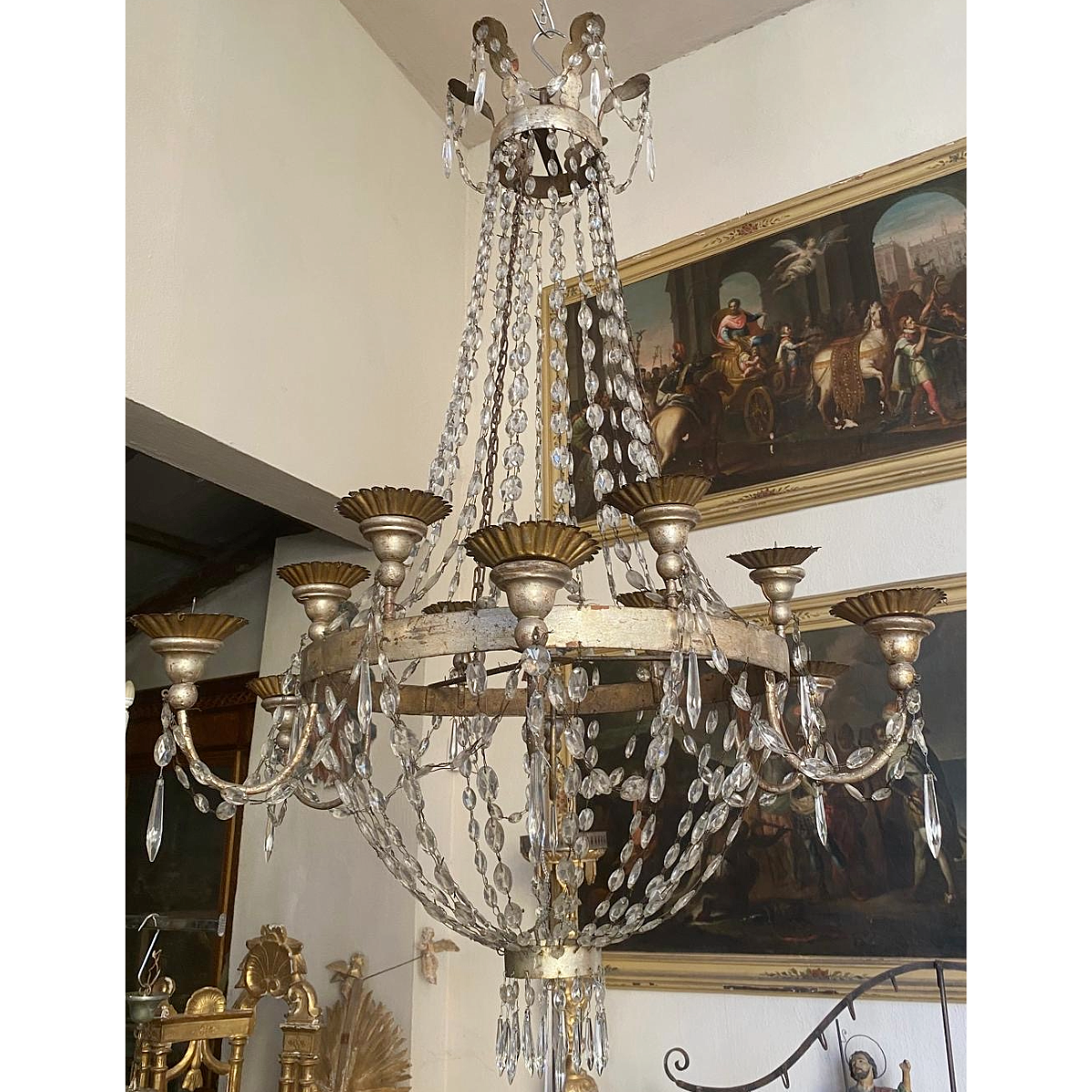 Antique Empire Period Silver Gilt 12-Light Crystal Chandelier
