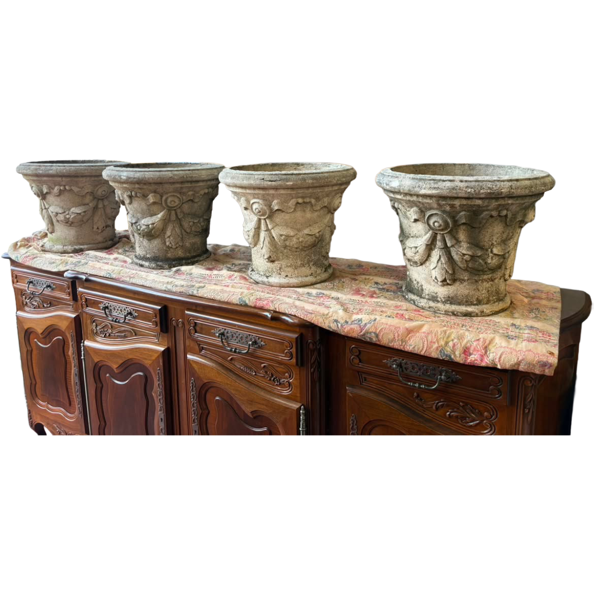 Louis XVI-Style Concrete Planter with Swag &amp; Bow Detail | Set of 4