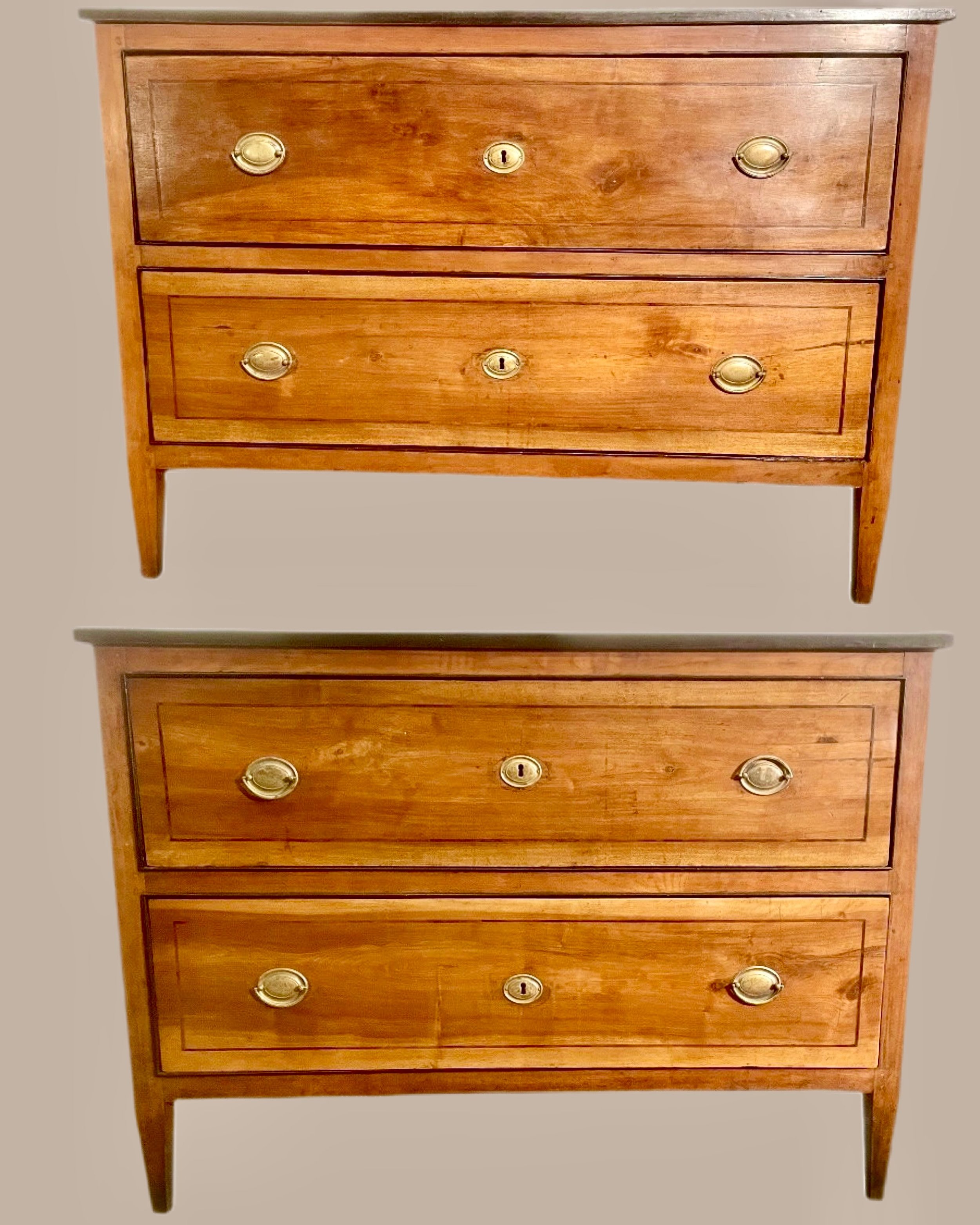 Coming Soon! A Beautiful Pair of Antique Louis XVI Period Cherry Chests with Walnut Tops and Walnut Inlay. Italian, c.1790. Dimensions are 50.3W x 22.8D x 36.6H. Discover our extensive collection of one-of-a-kind, hand-selected European Antiques and 