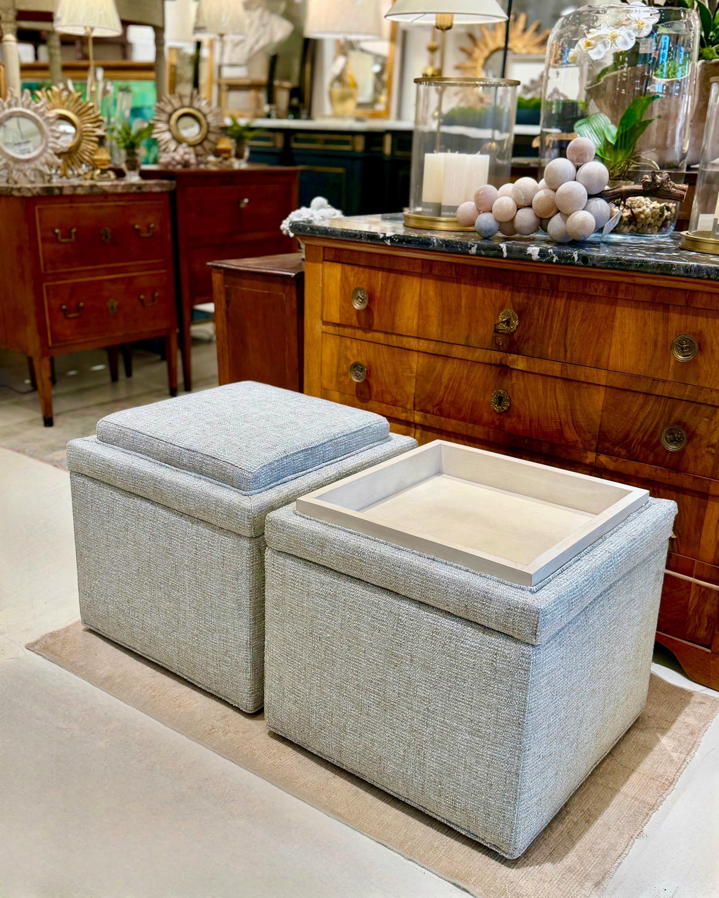&hellip;And a perfect pair of storage ottomans on casters! 19.5 Square x 19.5H. Discover our exciting collection of hand-selected Custom Upholstery. Find more details and pics on our website at www.heritagemarkdesign.com. Shipping available. #heritag