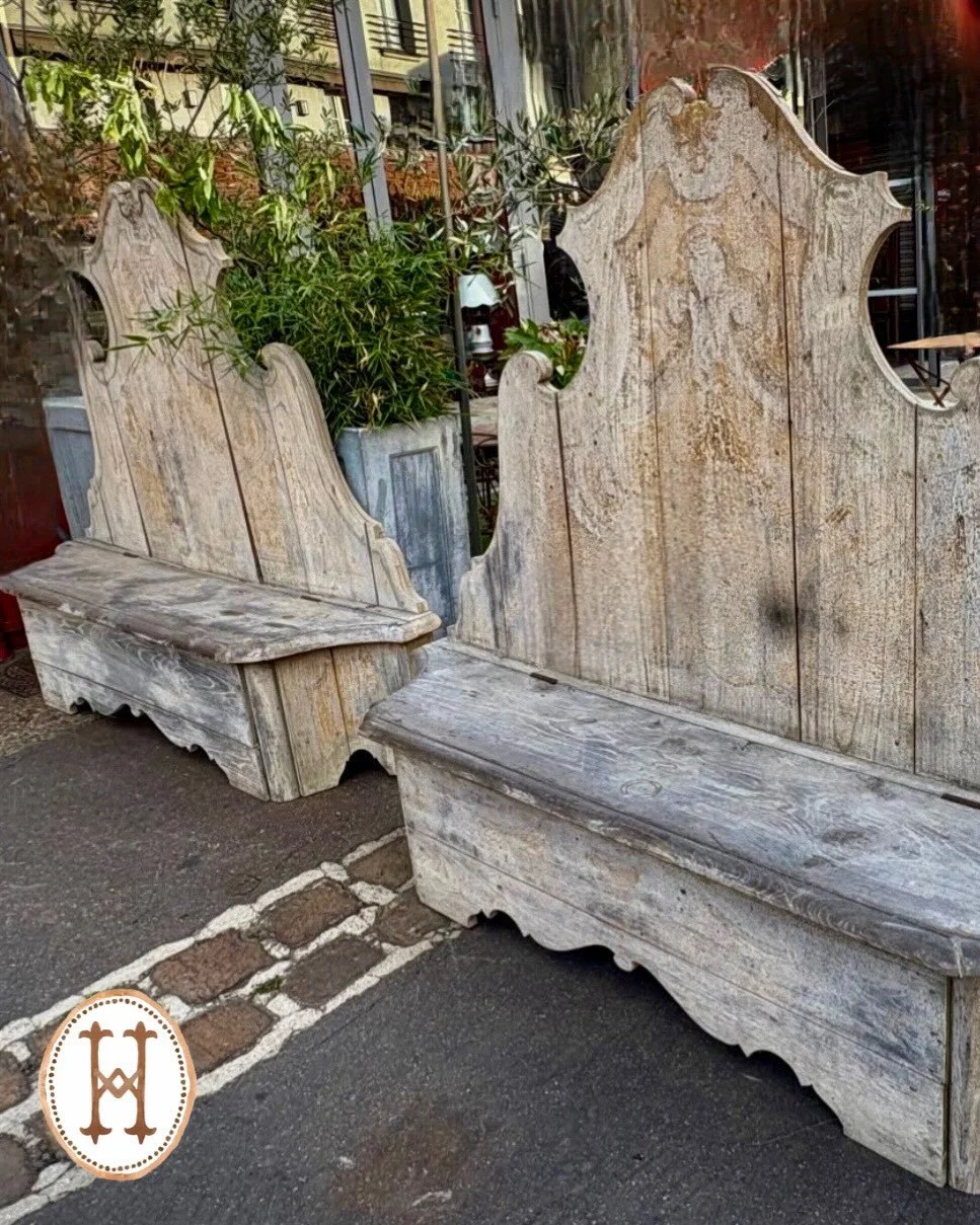 Coming Soon! An incredible matched pair of Antique Louis XVI Period Carved Wood Storage Benches in their original patina! Found in an Italian villa in Genoa, Italy, these benches will be the perfect impressive show stoppers in their new home! Italian