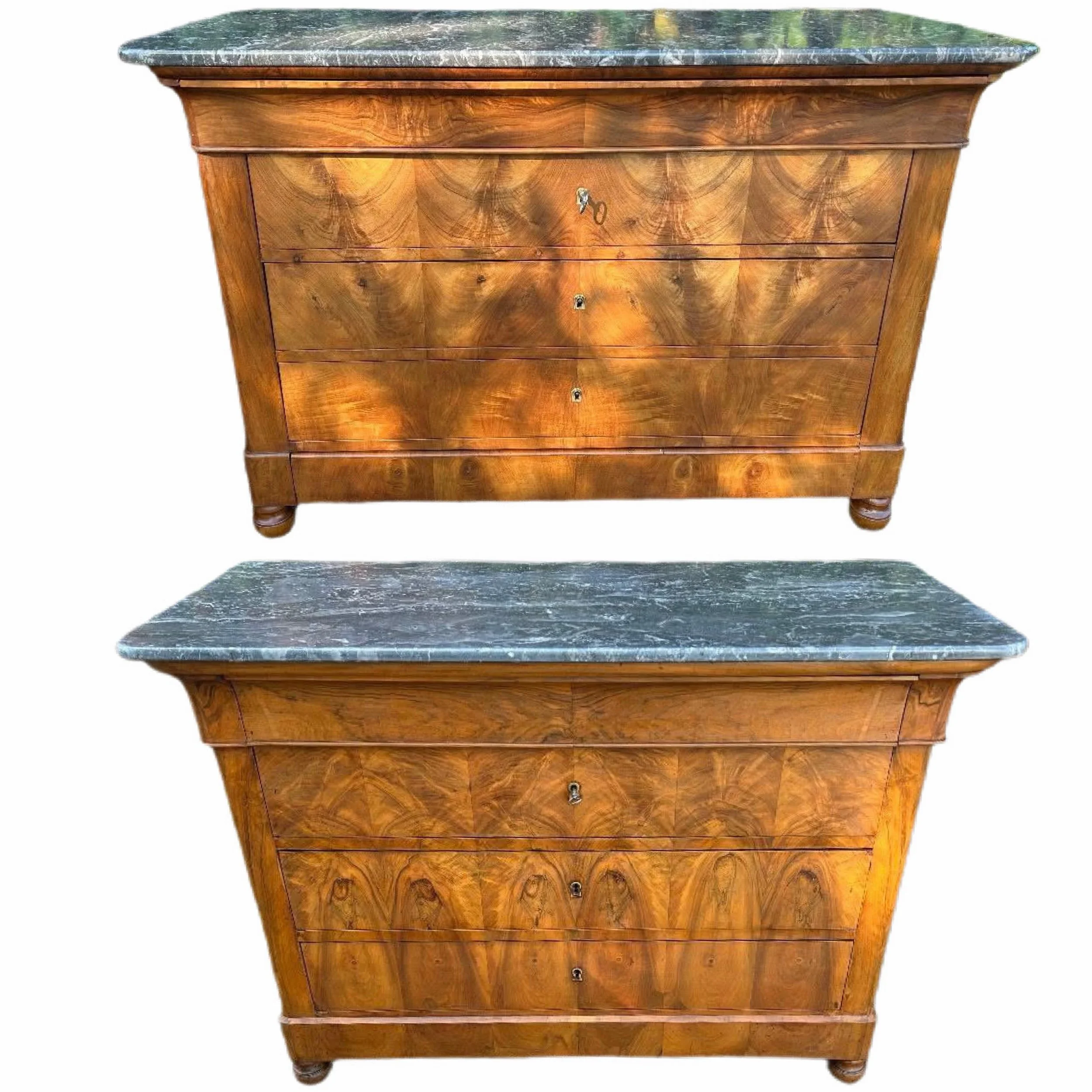 Another perfect pair coming soon! Antique Louis Philippe Burr Walnut Chests with Saint Anne Marble Tops. French, c.1850. Dimensions are 51.1W x 23.4D x 35.6H. Discover our extensive collection of one-of-a-kind, hand-selected European Antiques and Cur