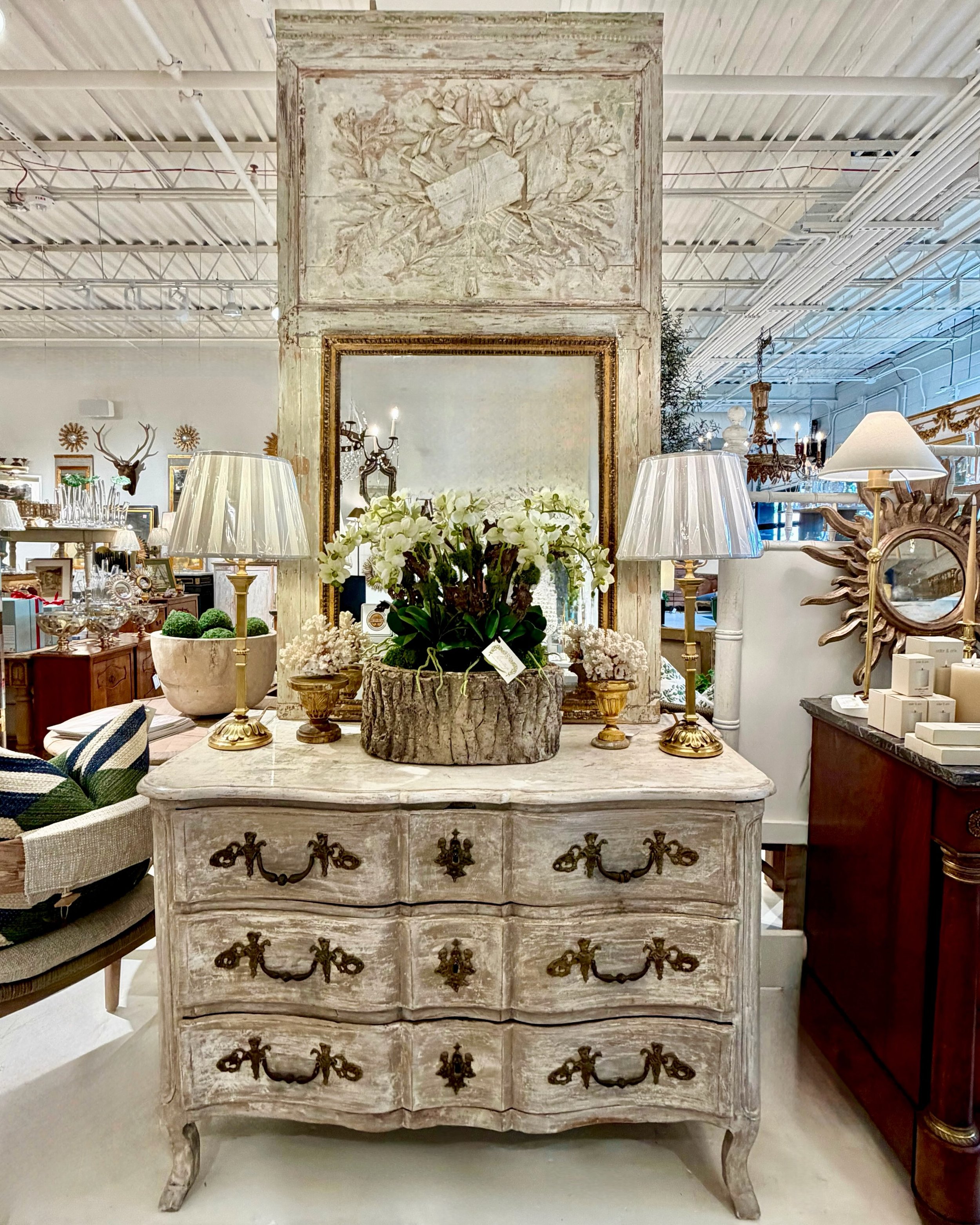One of the prettiest Antique Boiserie Trumeau Mirrors in the shoppe at the moment! Louis XVI Period&mdash;French, c.1795. Dimensions are 39.3W x 71.6H. Stunning! Discover our extensive collection of one-of-a-kind, hand-selected European Antiques and 