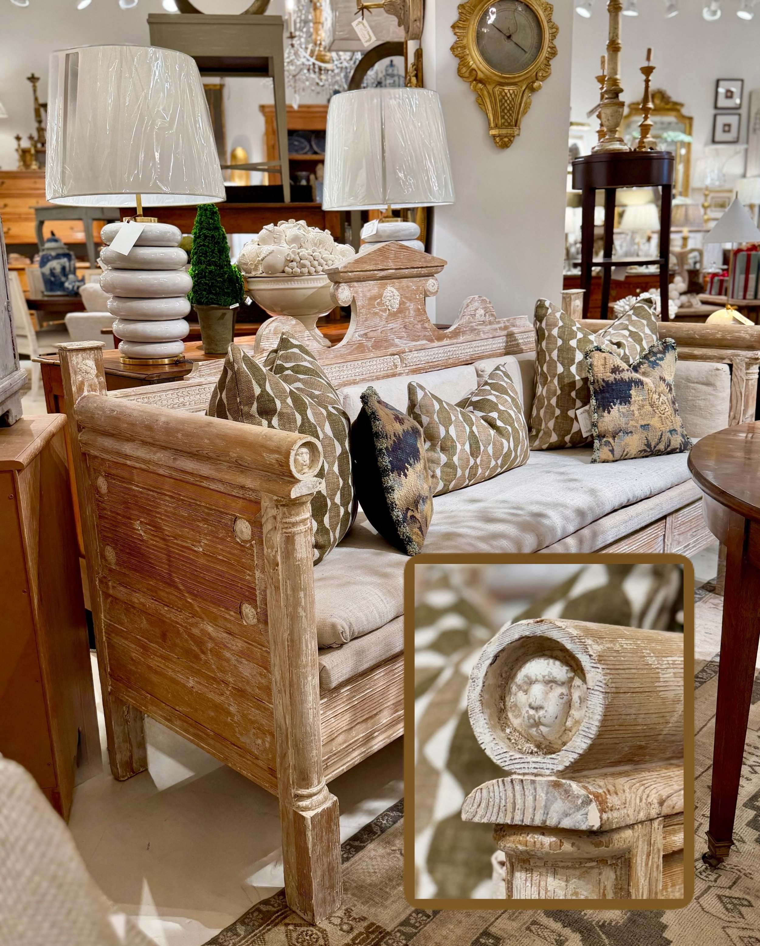 Gloriously Gustavian details! Great selection of antique Swedish benches in stock! Discover our extensive collection of one-of-a-kind, hand-selected European Antiques and Curated Decor. Find more details and pics on our website at www.heritagemarkdes