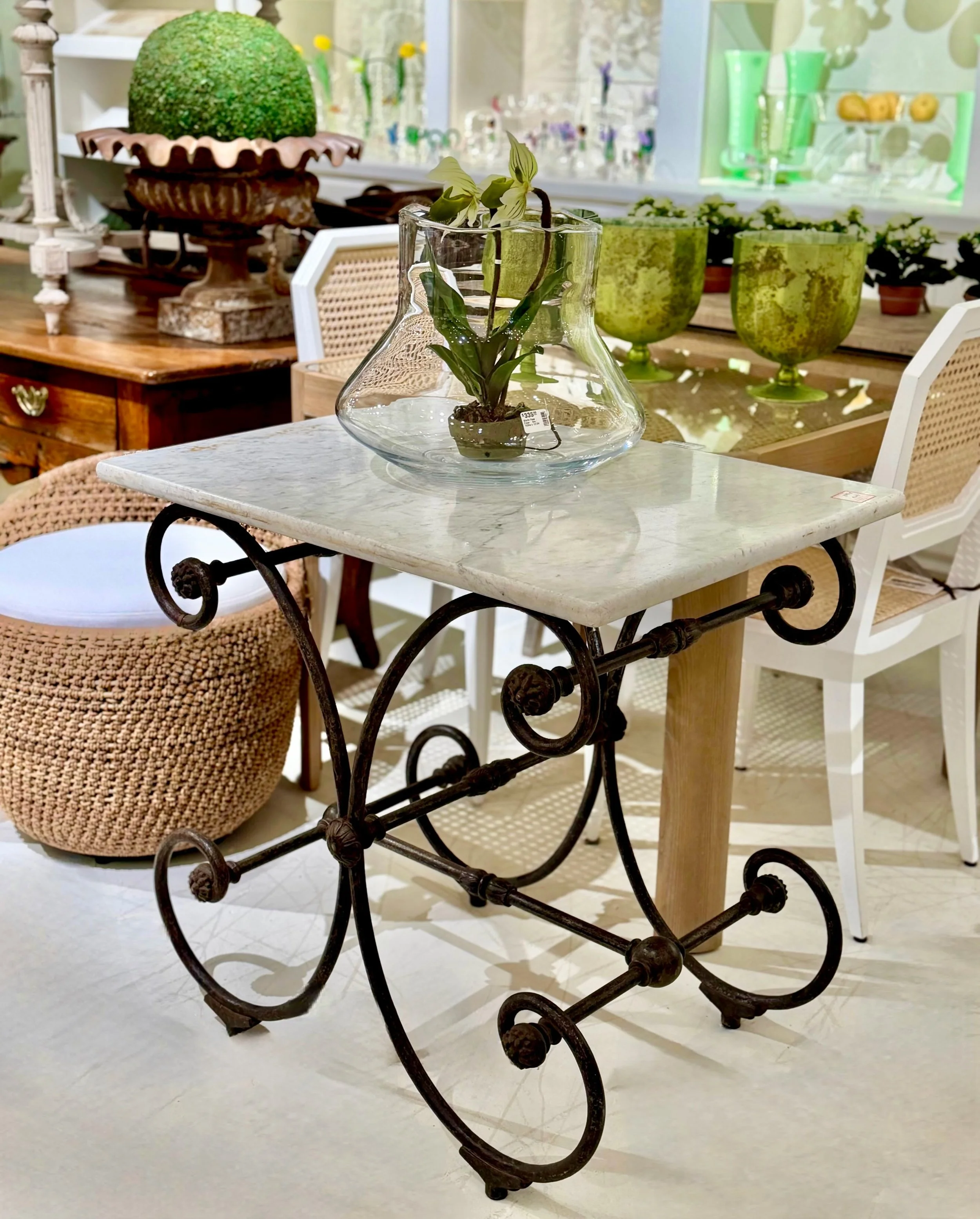 The cutest little Antique Iron and Marble Top Patisserie Table. French, c.1850. Dimensions are 31.5W x 23.6D x 30.7H. Discover our extensive collection of one-of-a-kind, hand-selected European Antiques and Curated Decor. Find more details and pics on
