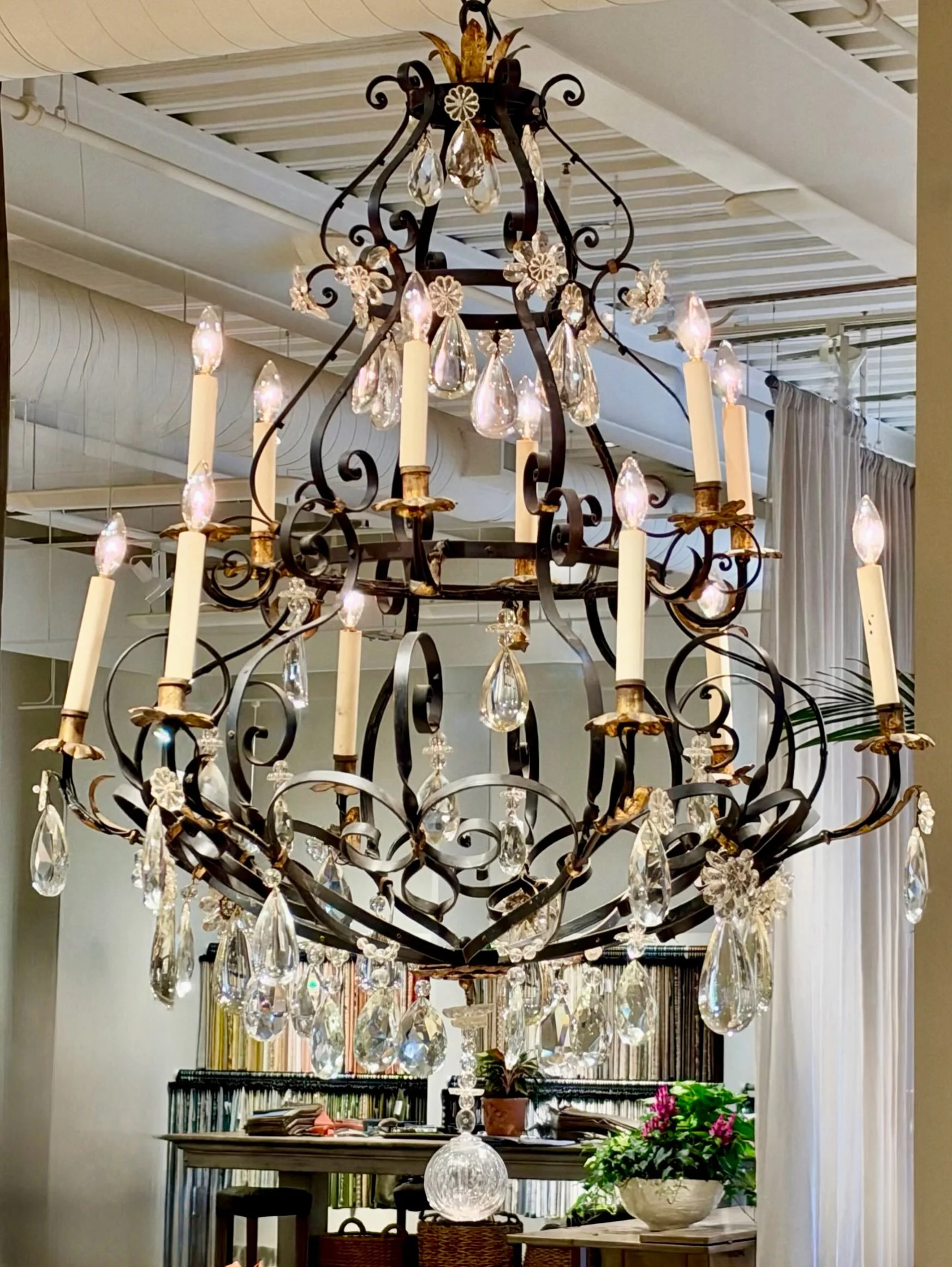 Just in&mdash;Antique 12-Light Gilt Metal and Crystal Chandelier. French, c.1920. Dimensions are 45W X 52H. Discover our extensive collection of one-of-a-kind, hand-selected European Antiques and Curated Decor. Find more details and pics on our websi