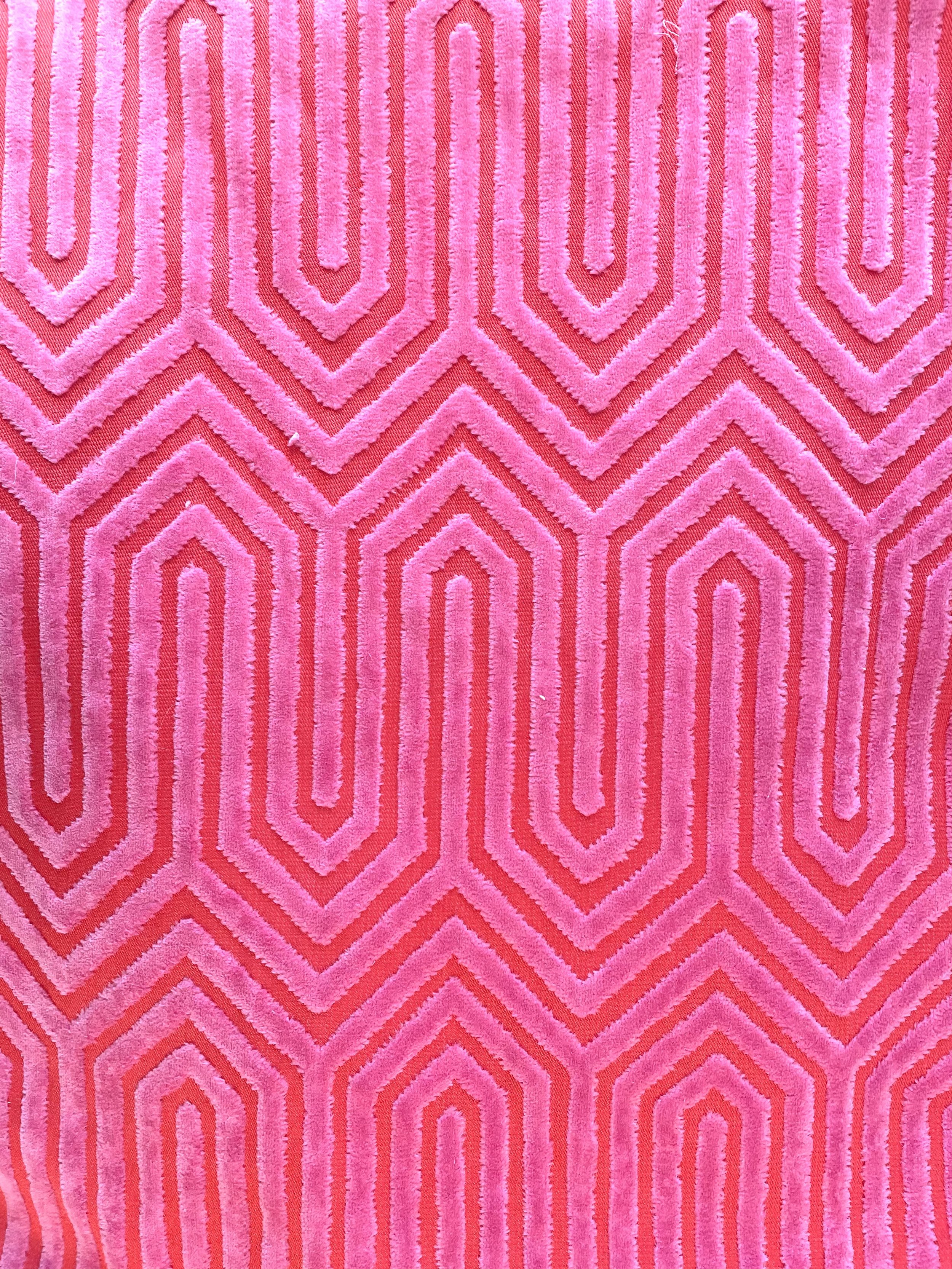 Geometric hot pink coral velour upholstery fabric