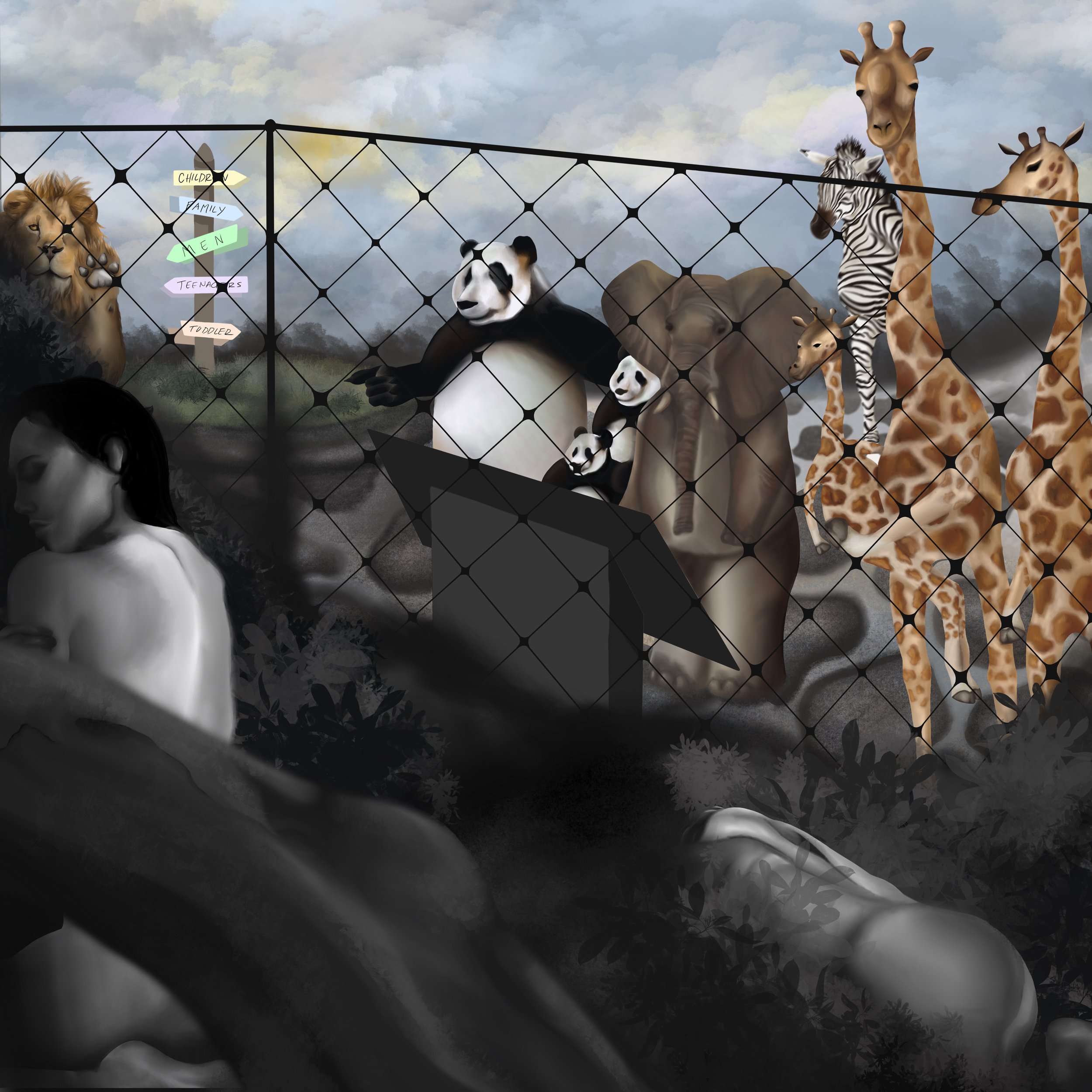 This piece is a commentary on the treatment of animals in zoos. It is a surrealistic approach in which animals and humans switch places so that it is more personal to the human race, thus making it easier for people to sympathize with the animals. Zo
