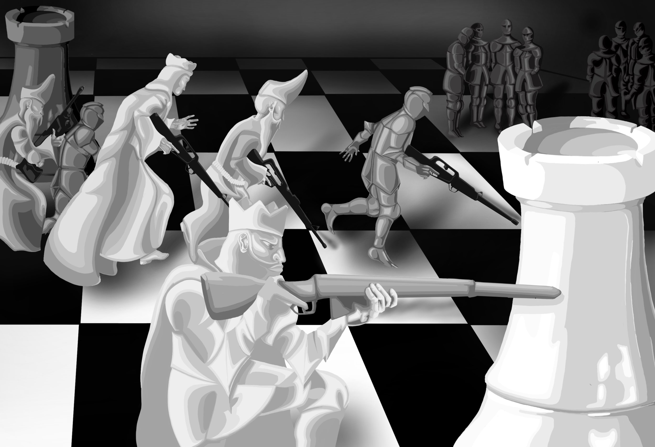This piece is a commentary on war. It uses surrealism to make it more accessible to the general public and greyscale to bring focus on the subject rather than the beauty. In this piece, I attempt to compare and contrast war to a game of chess. Both r