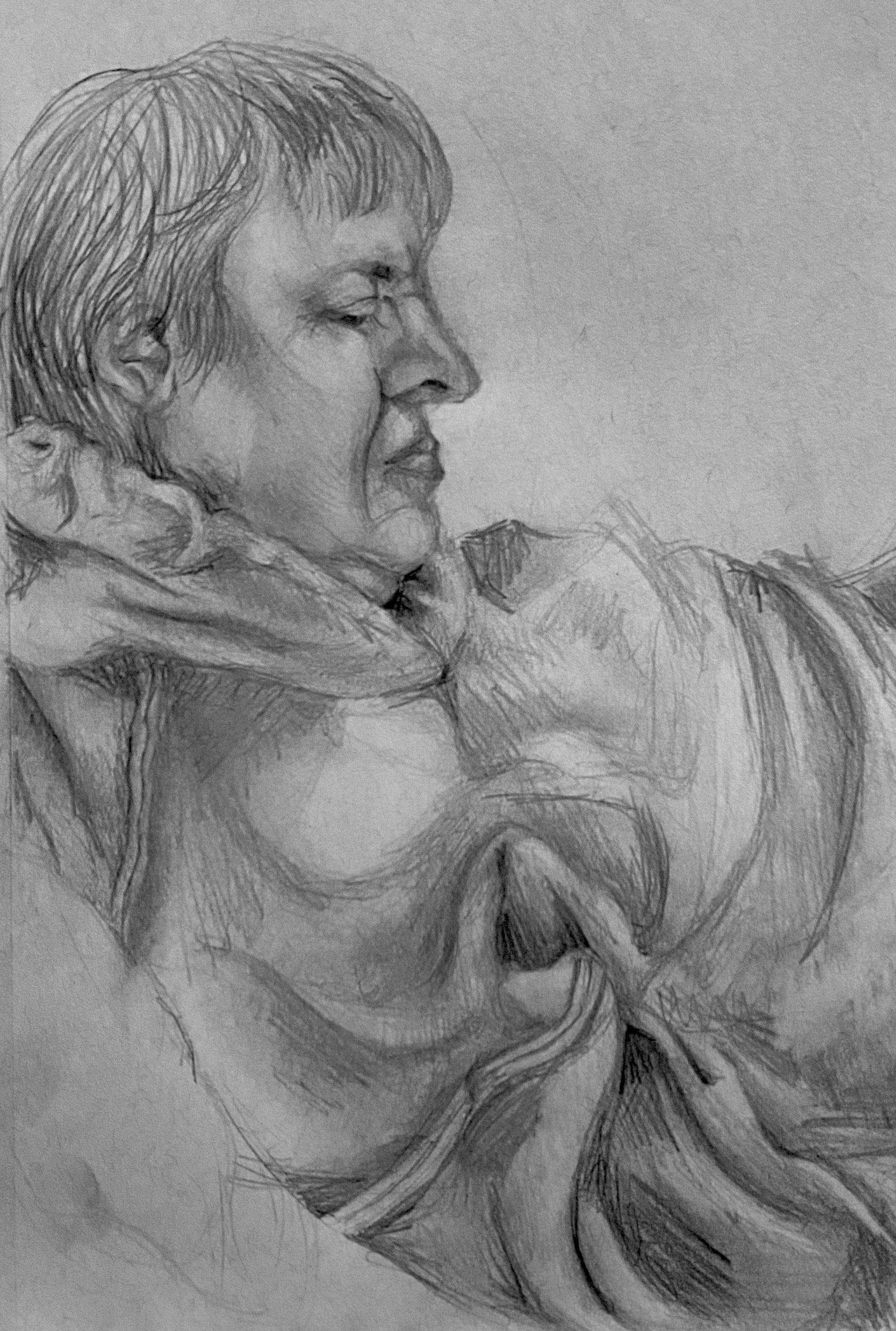 This piece was done for both portrait practice and live subject practice. It took around 1 hour to complete. This piece not only taught me about properly executing a side profile, which I had little practice doing, as well as the importance of buildi