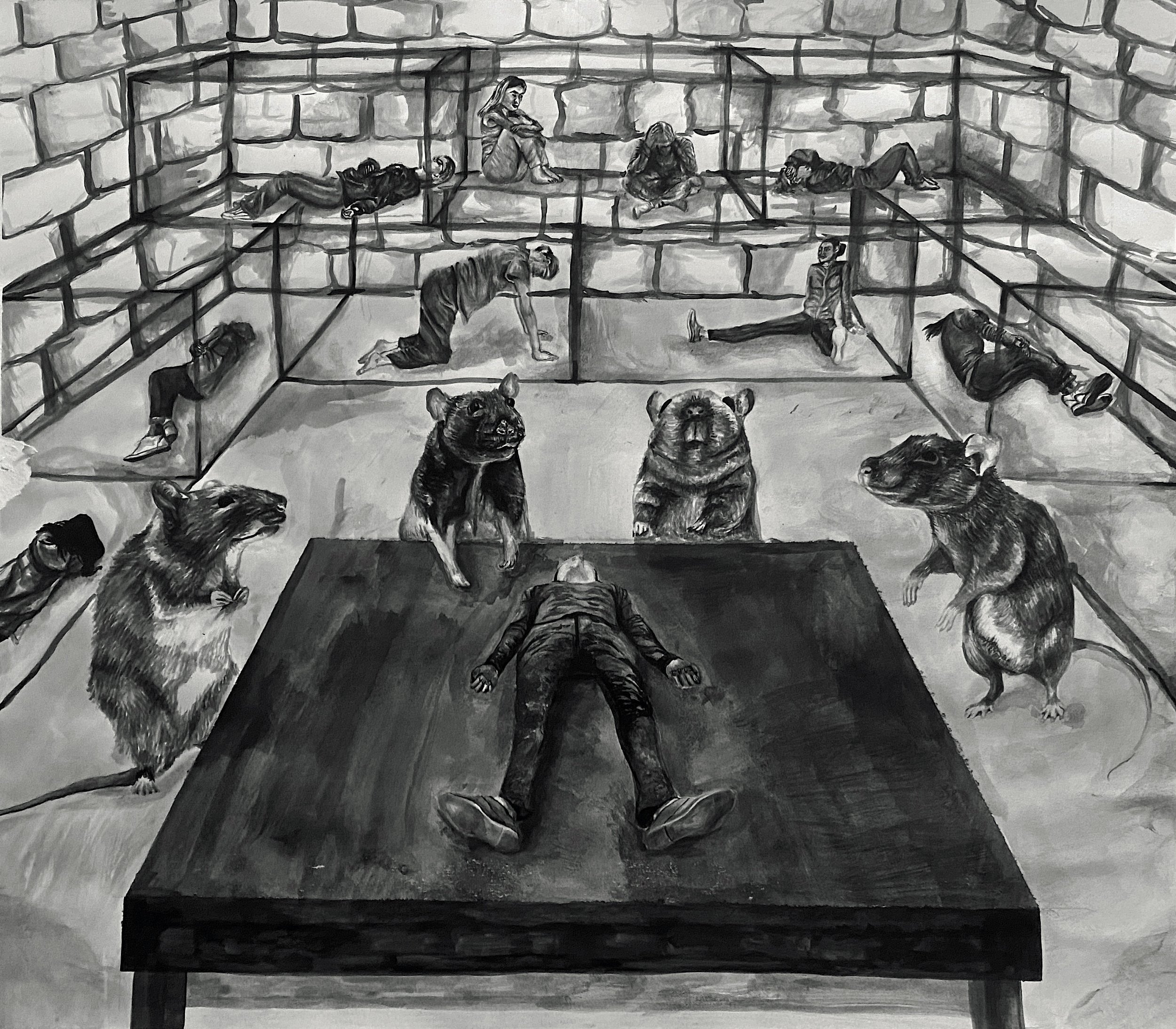 It is done only in greyscale to maintain focus on the subject rather than the beauty. I feel that a more serious and urgent tone is created when no color or minimal color is used. I chose to use ink because it is one of my favorite materials and is g