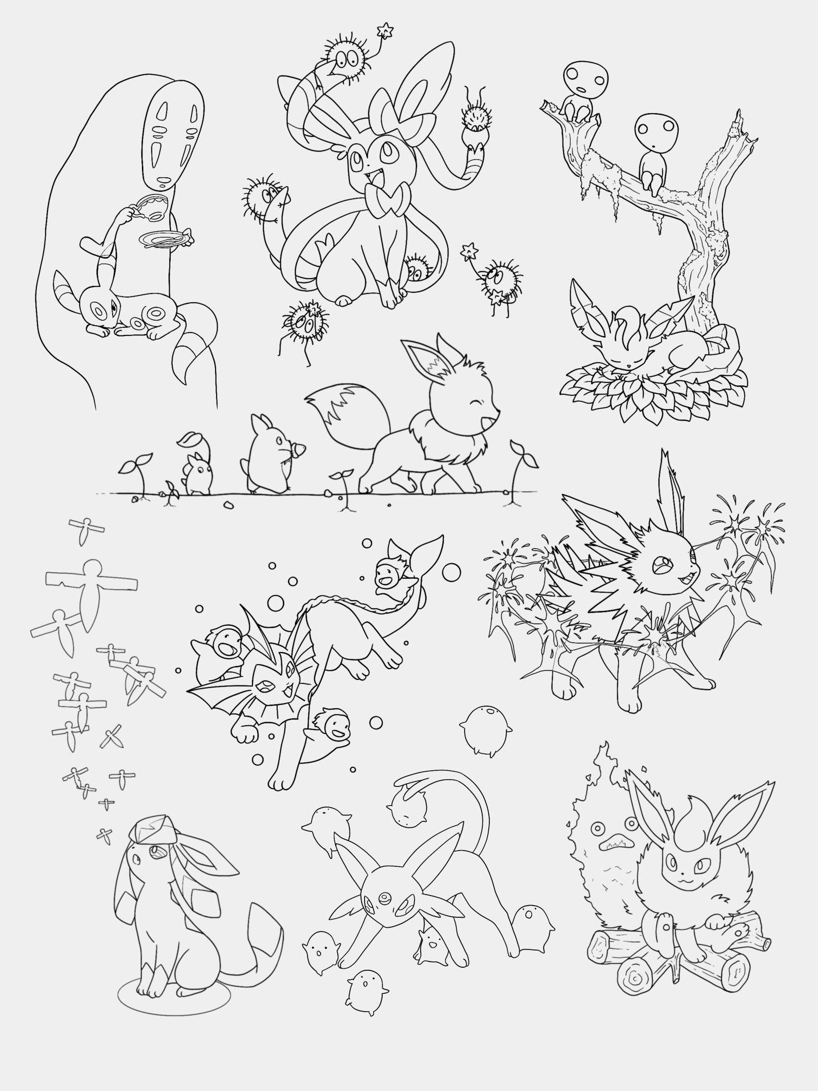 [Ghibli x Eevee-lutions]
Umbreon x No-Face - available $250 |
Sylveon x Soot Sprites - available $250 |
Leafeon x Kodamas - available $250 |
Eevee x Totoros - claimed
Vaporeon x Ponyo's - claimed 
Jolteon x Starlings - claimed
Glaceon x Paper Birds -