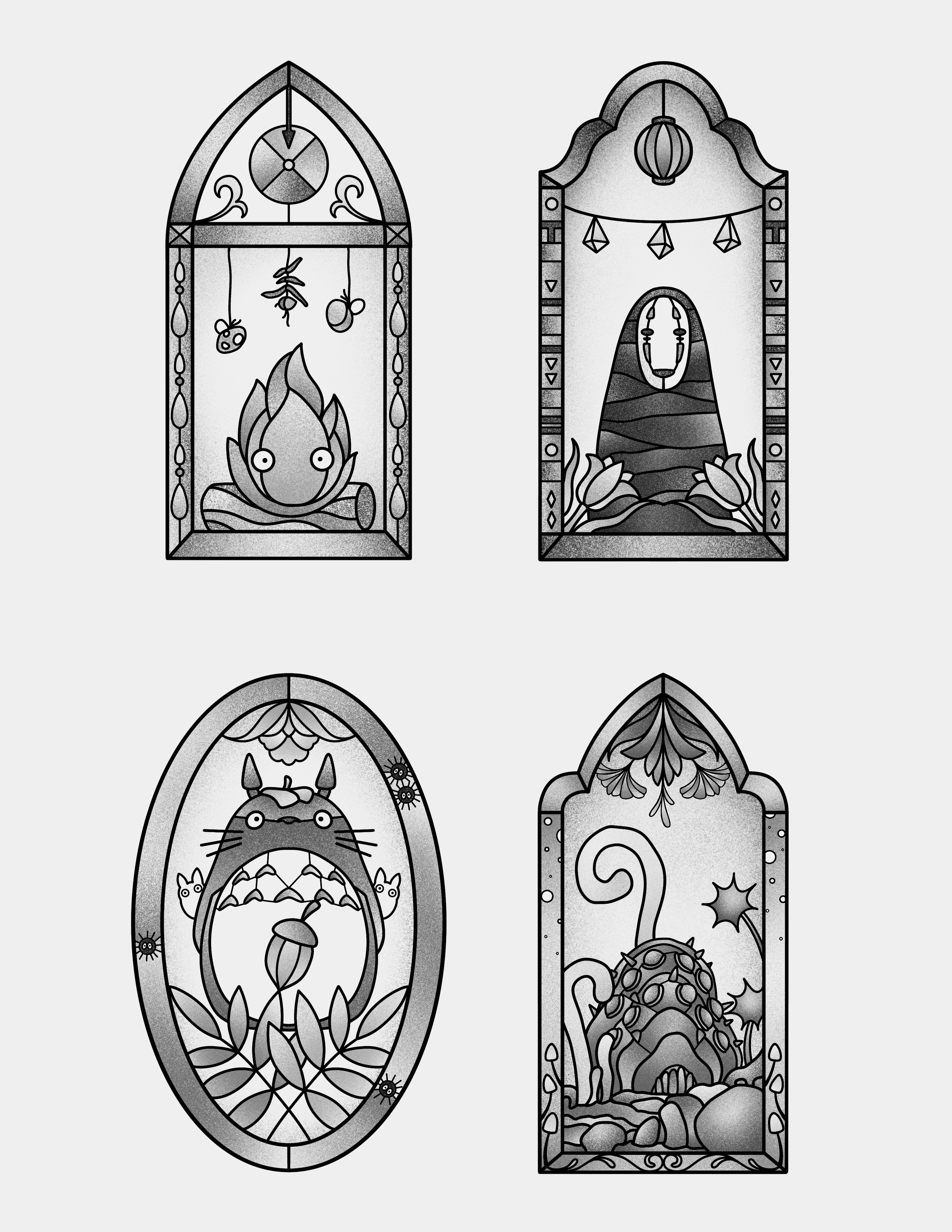 [Stained Glass Ghibli in B&G]
Calcifer - available $300 |
No-Face -  available $300 |
Totoro - available $300 |
Ohm-  available $300 |